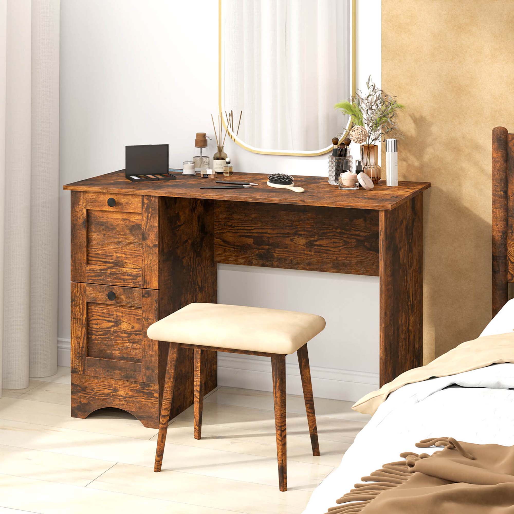 Alt View 4. Costway - Costway 43" Home Office Desk Compact Study Writing Desk with 2 Drawers Charging Station Brown - Brown.