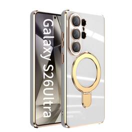 Dteck - Mag Safe Case for Samsung Galaxy S26 Ultra,Slim Plated Bumper Shockproof TPU Case w/ Metal Stand + Tempered Lens Film - White