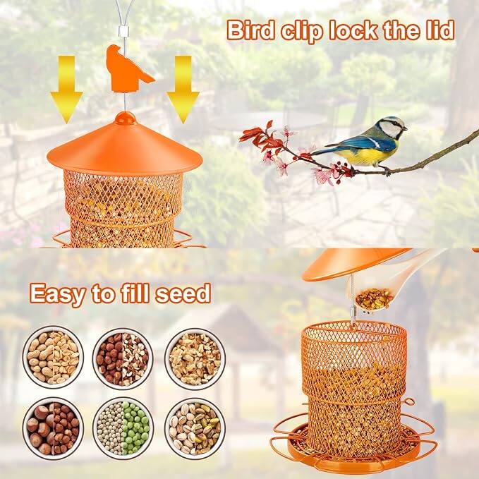 Bird clip lock the lid

Easy to fill seed