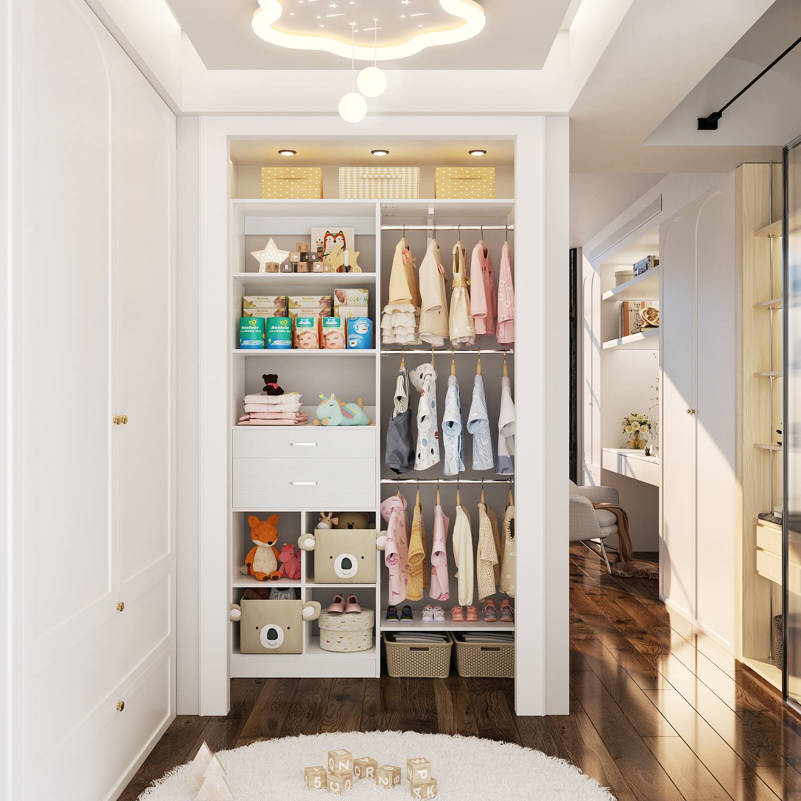 Alt View 4. Aheaplus - 5FT Wall Mounted Closet Organizer System with 2 Drawers, 3 Shelf Towers, and 5 Hanging Rods, Adjustable - White.