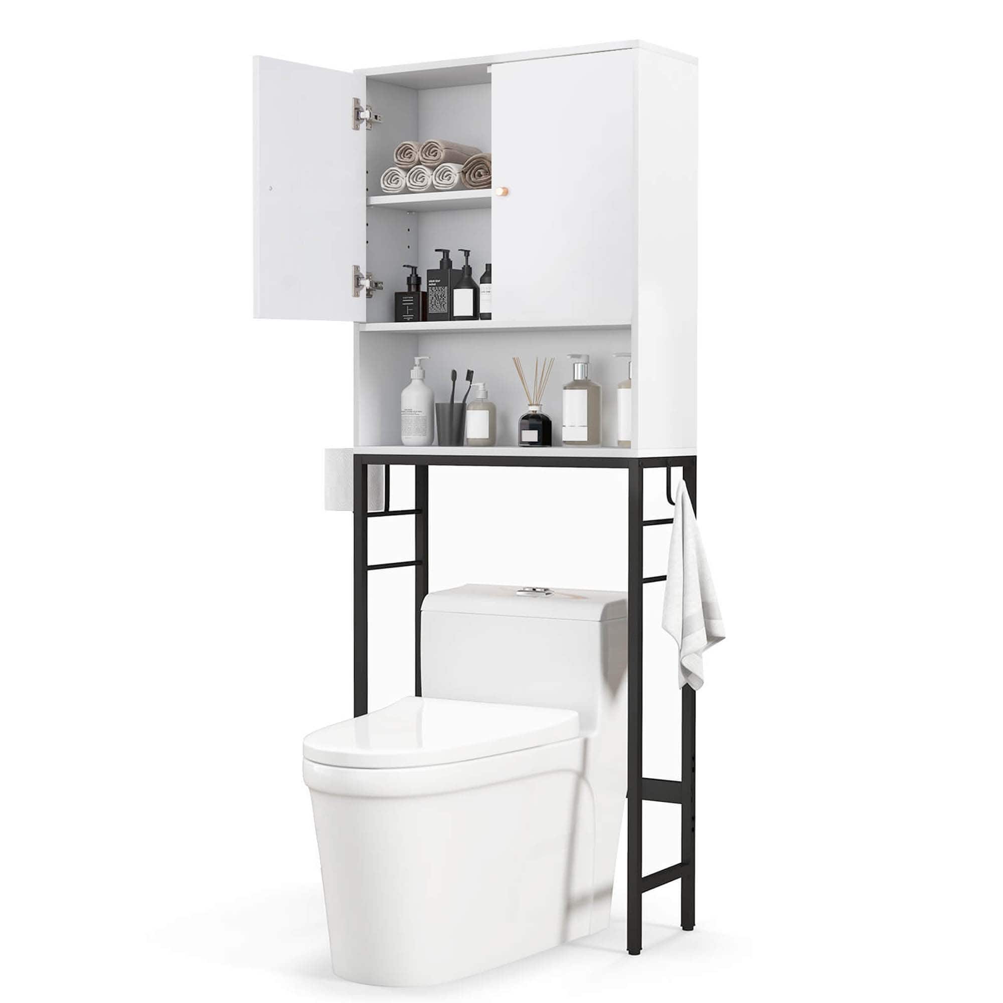 Costway - Over The Toilet Storage Cabinet Free Standing Toilet Rack with Adjustable Shelf - White