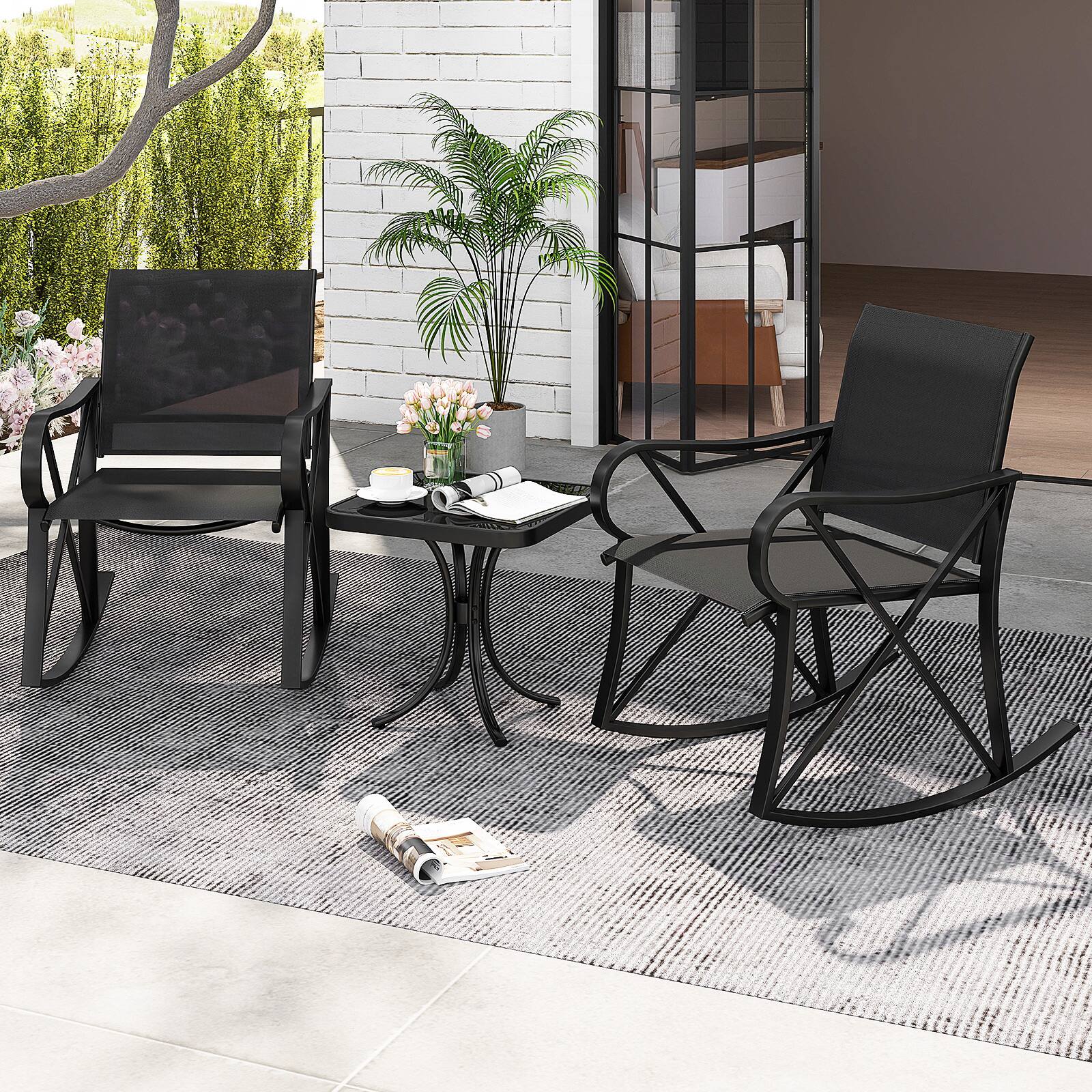 Alt View 3. Gymax - Gymax 3 Piece Patio Rocking Set 2 Rocking Chairs w/ Tempered Glass Side Table Black - Black.