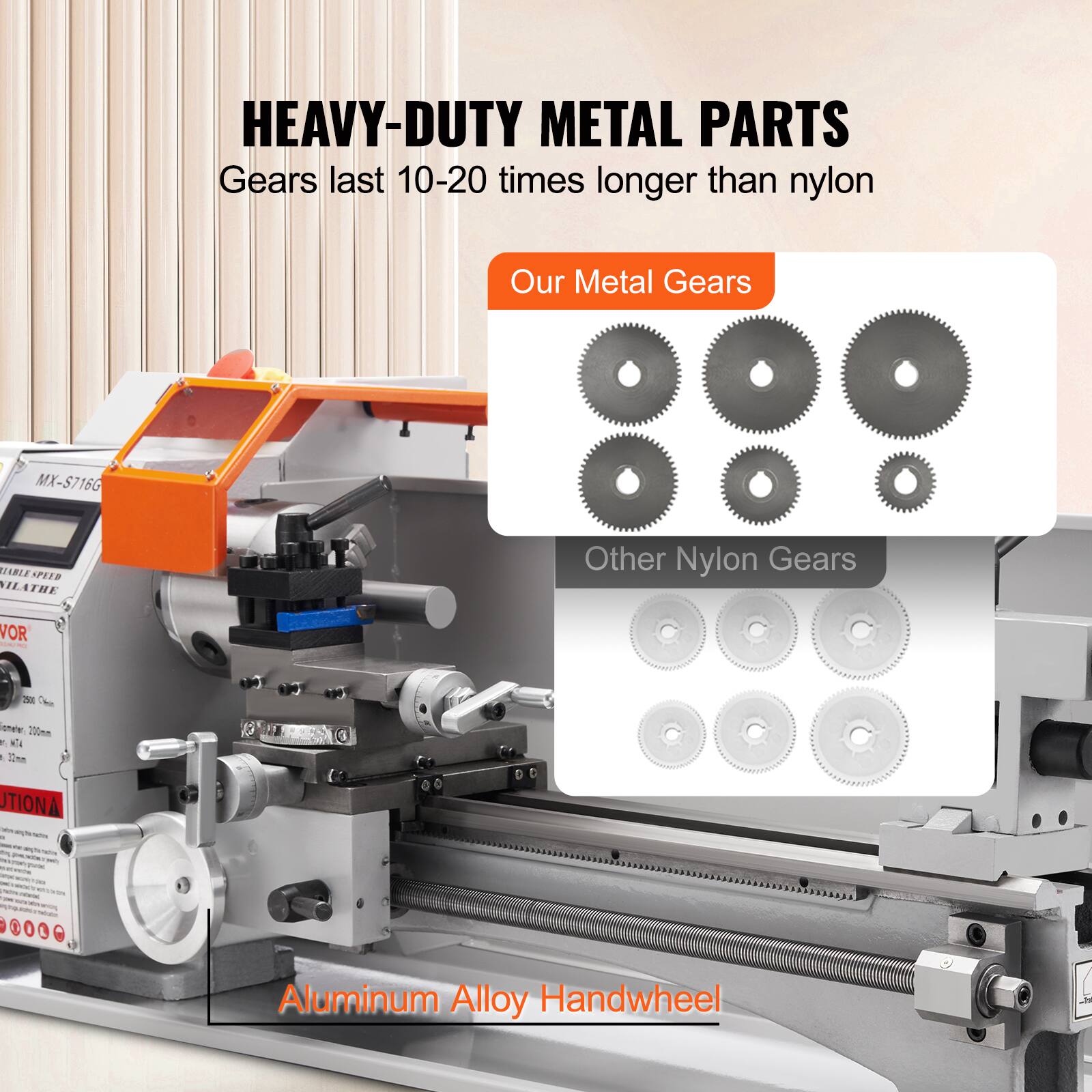 HEAVY-DUTY METAL PARTS  
Gears last 10-20 times longer than nylon  

Our Metal Gears  
Other Nylon Gears  

Aluminum Alloy Handwheel