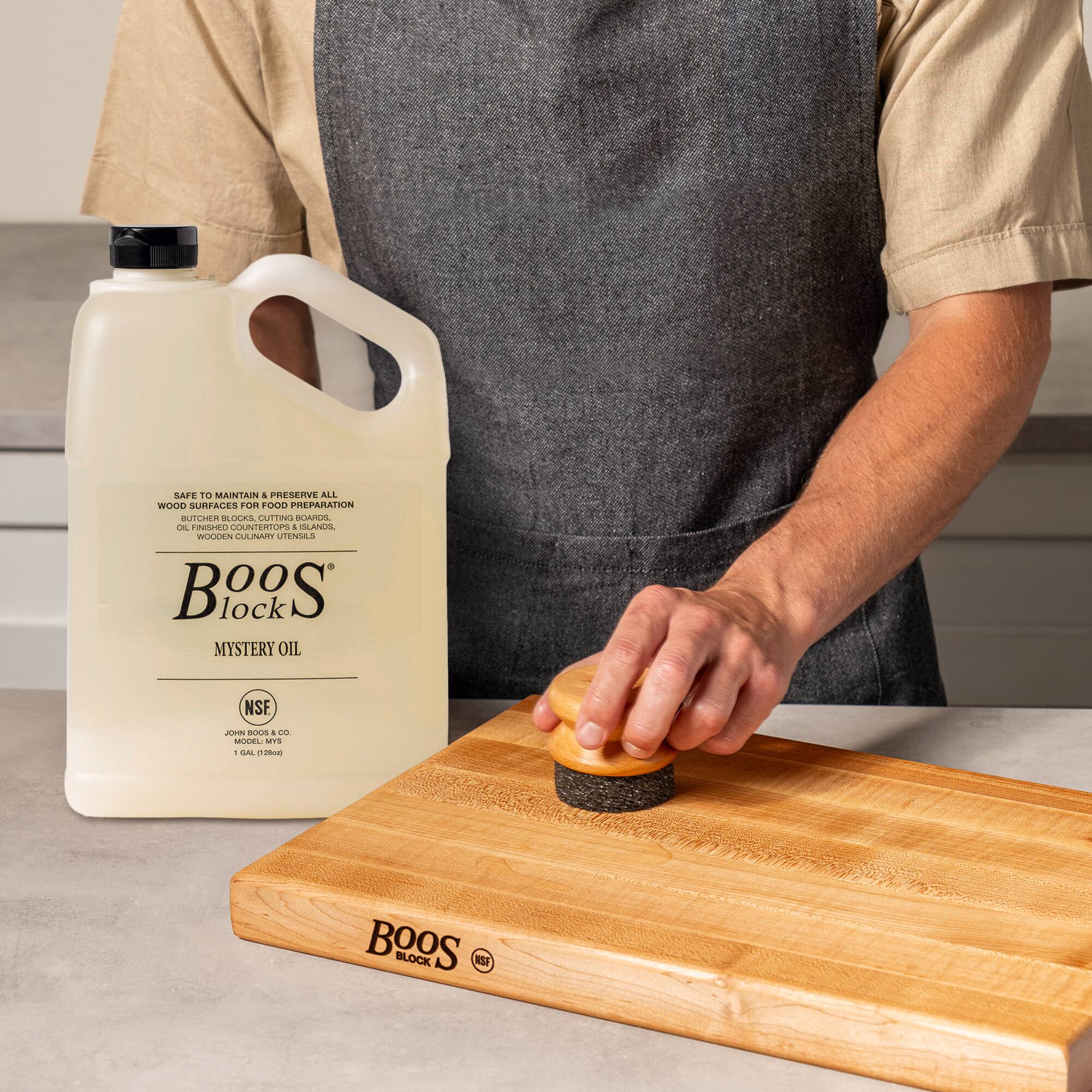 SAFE TO MAINTAIN & PRESERVE ALL WOOD SURFACES FOR FOOD PREPARATION BUTCHER BLOCKS, CUTTING BOARDS, WOODEN CUTLERY, WOODEN GUILTY UTENSILS, WOODEN COUNTERTOPS, WOODEN CLUTTER UTENSILS, BORING OIL MYSTERY OIL NSF. JUMN BOC & MODEL MYST. JOHN BOOS & CO. MODEL: MYST 1 GAL (3.78L)