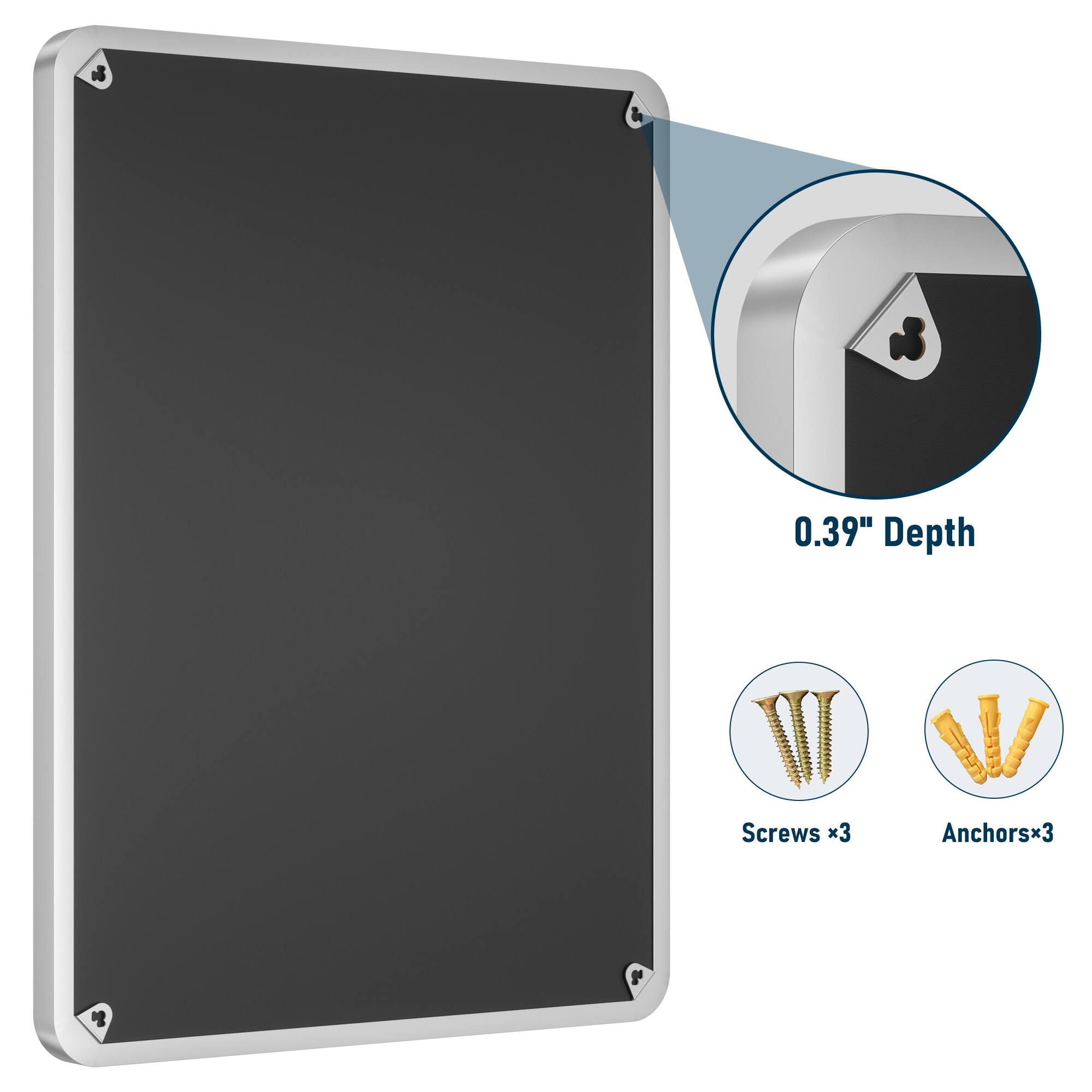 0.39" Depth  
Screws x3  
Anchors x3