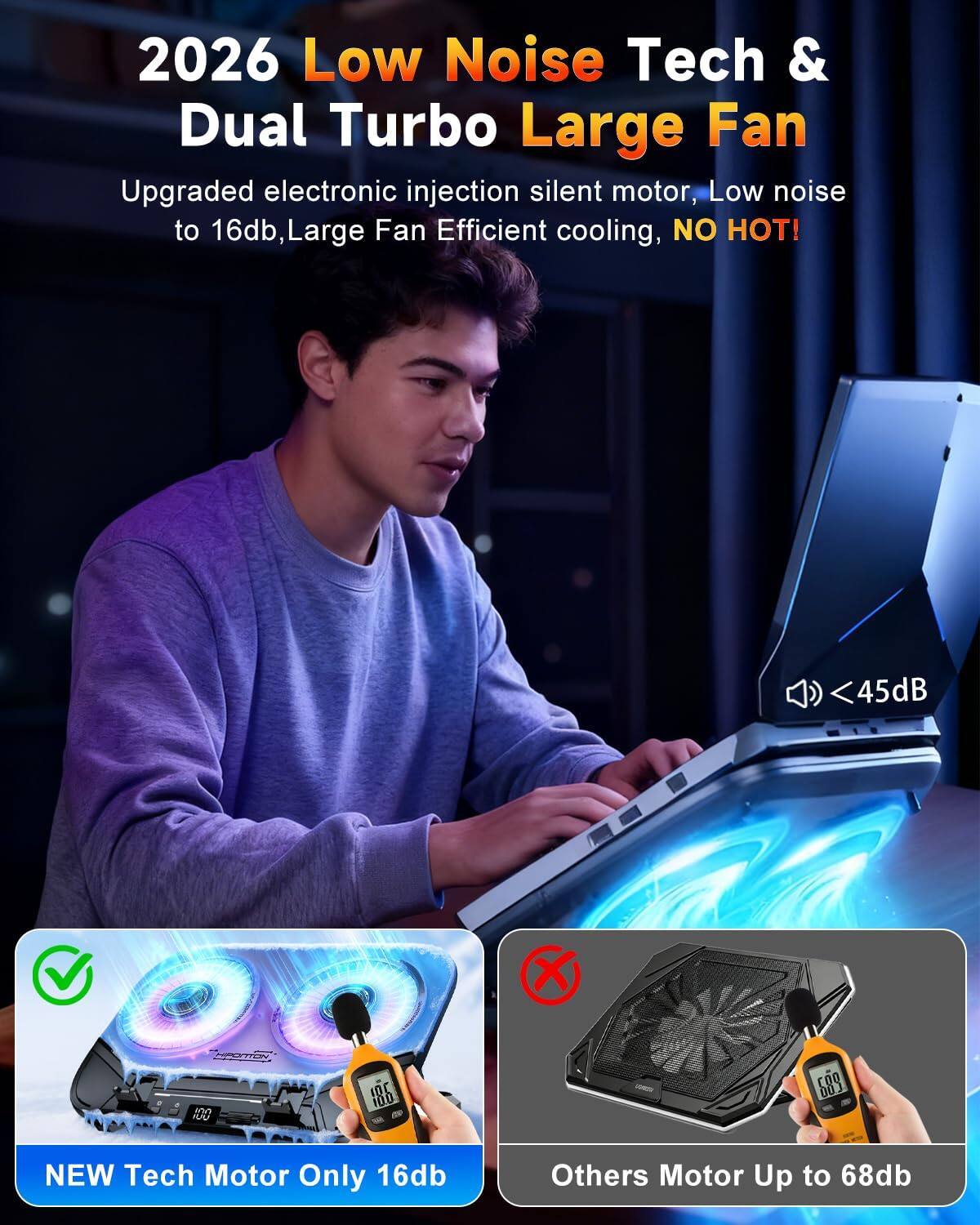 2026 Low Noise Tech & Dual Turbo Large Fan

Upgraded electronic injection silent motor, Low noise to 16db, Large Fan Efficient cooling, NO HOT!

NEW Tech Motor Only 16db

Others Motor Up to 68db