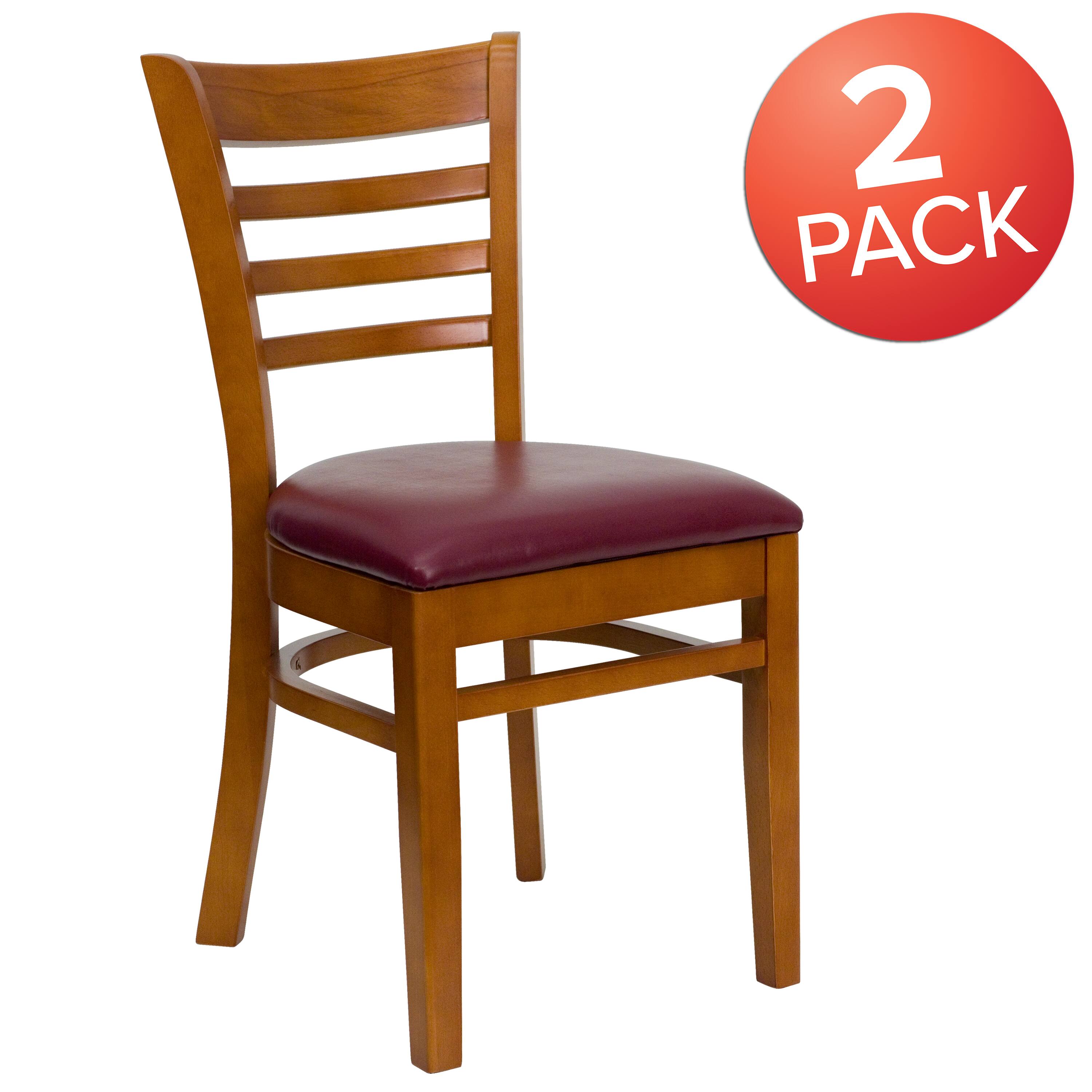 Alt View 1. Emma + Oliver - 2 Pack Ladder Back Wooden Restaurant Chair - Burgundy Vinyl Seat/Cherry Wood Frame.