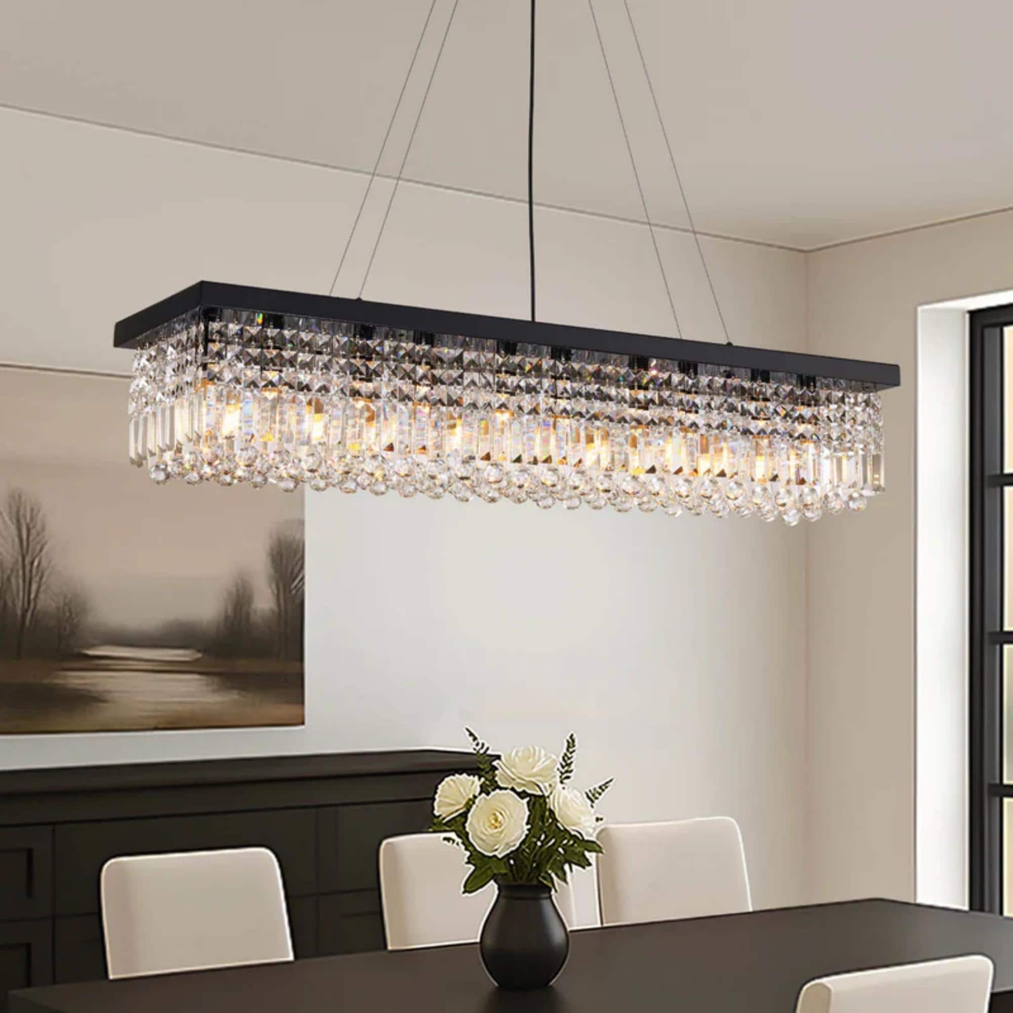 Front. Siljoy - 47.2" 10-Light Black Linear Crystal Chandelier, Adjustable K9 Crystal Pendant Light for Kitchen Island Dining Room - Black.