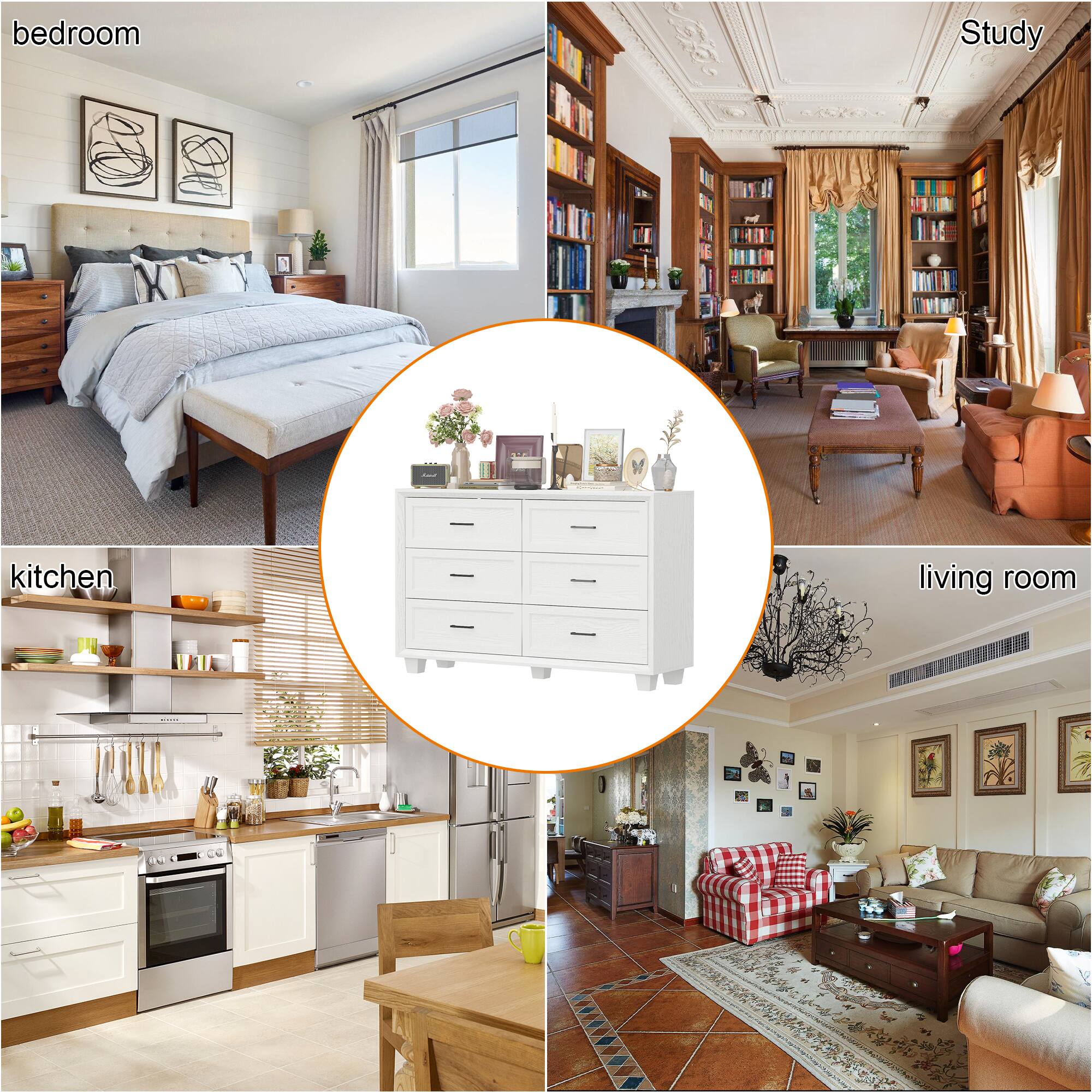 bedroom, study, kitchen, living room