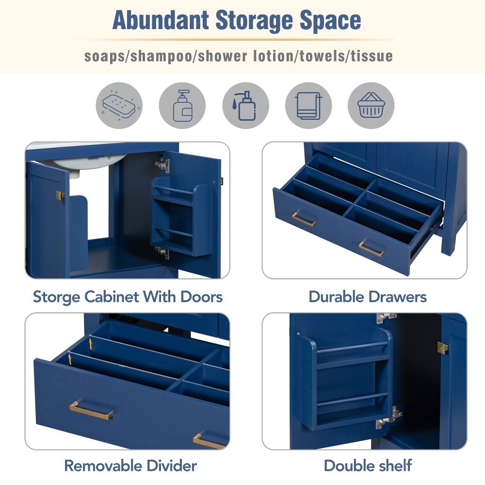 Abundant Storage Space soaps/shampoo/shower lotion/towels/tissue

Storage Cabinet With Doors

Durable Drawers

Removable Divider

Double shelf