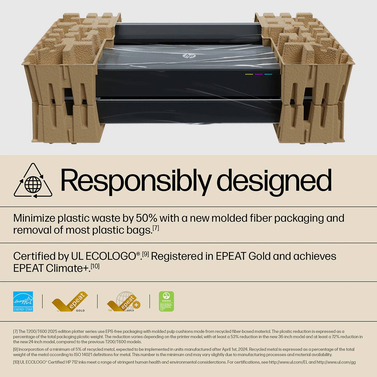 Responsibly designed

Minimize plastic waste by 50% with a new molded fiber packaging and removal of most plastic bags. [7]

Certified by UL ECOLOGO [9] Registered in EPEAT Gold and achieves EPEAT Climate+. [10]

The T200/1600 2025 edition plotter series use PS-free packaging with molded pulp cushions made from recycled fiber-based material. The plastic reduction is expressed as a percentage of the total packaging plastic weight. The reduction varies depending on the printer model, with at least a 53% reduction in the new 36-inch model and at least a 72% reduction in the new 24-inch model compared to the previous T200/1600 models. [7]

Incorporation of a minimum of 5% of recycled metal, expected to be implemented in units manufactured after April 1st, 2024. Recycled metal is expressed as a percentage of the total weight of the metal according to ISO 14021 definitions for metal. This number is the minimum and may vary slightly due to manufacturing processes and material availability. [10]

UL ECOLOGO® Certified HP