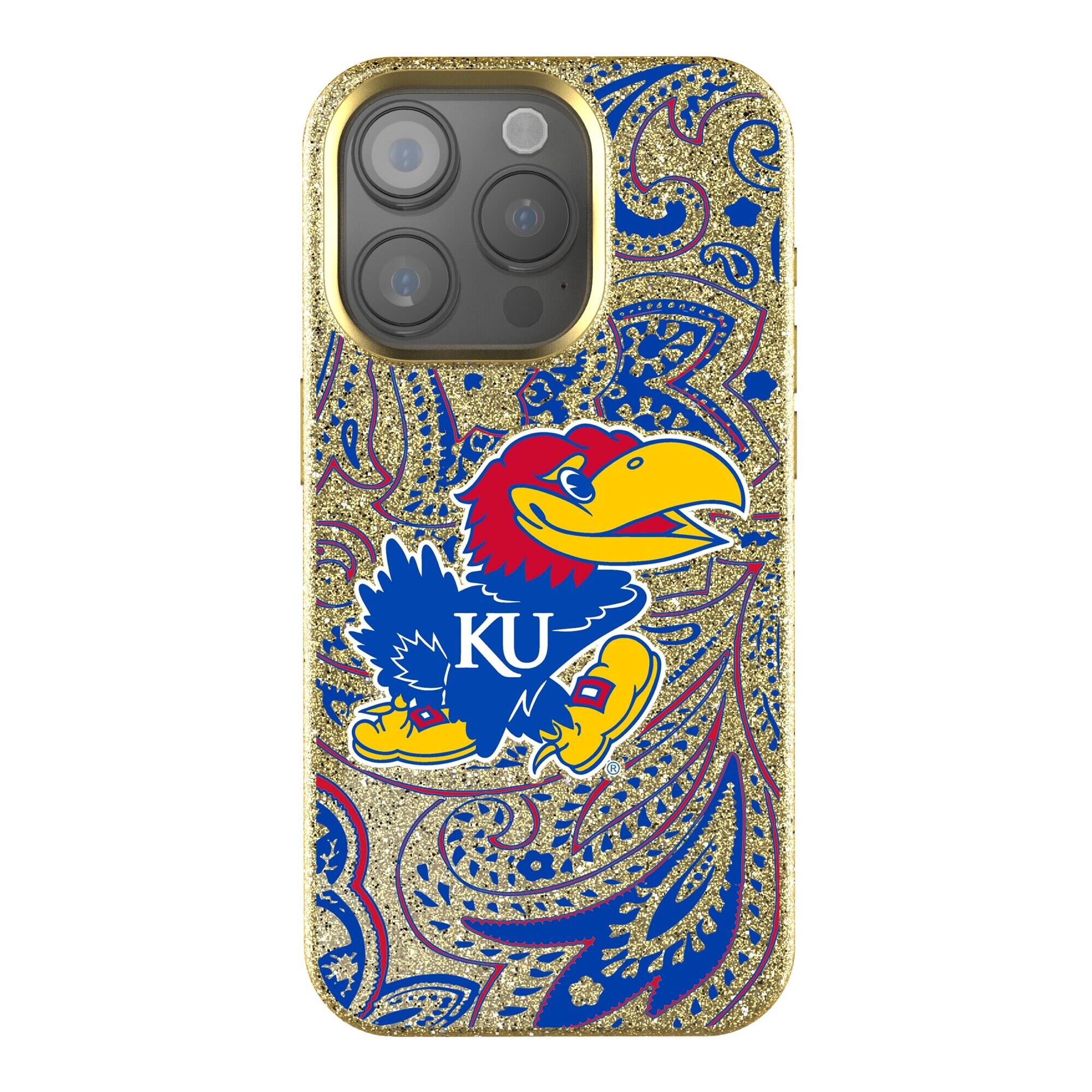 Front. Keyscaper - Kansas Jayhawks Paisley Bling iPhone Case - 16 Pro Max - Gold.