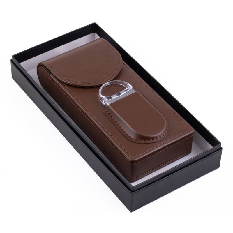 Alt View 2. Prestige - 3 Cigar Leather Case with Cutter (Brown) - Brown Leather Finish.