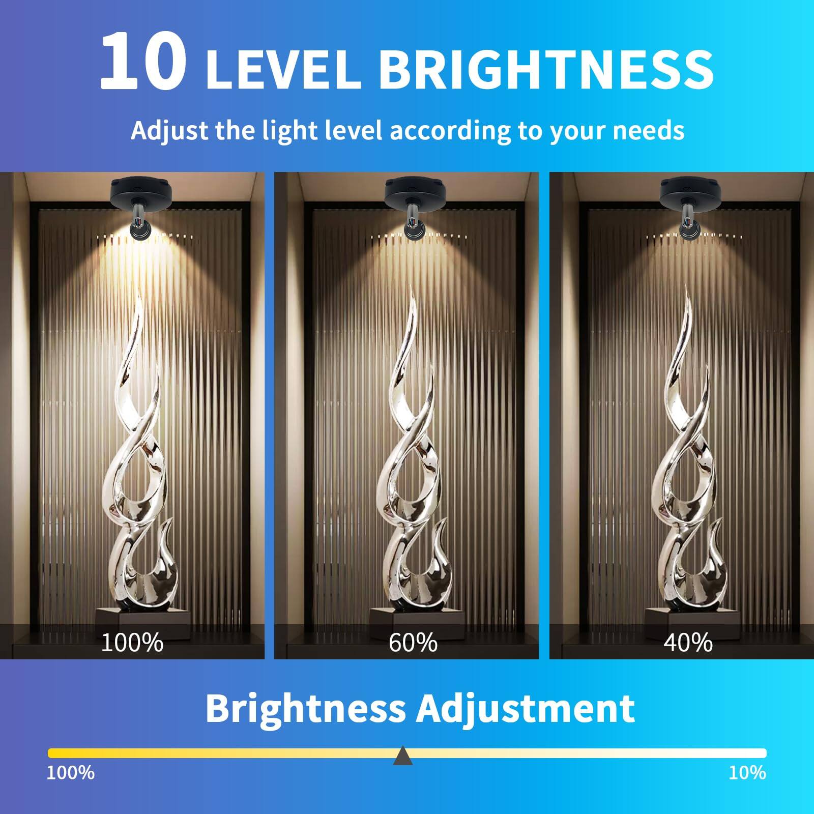 10 LEVEL BRIGHTNESS  
Adjust the light level according to your needs  

Brightness Adjustment  
100% 60% 40%