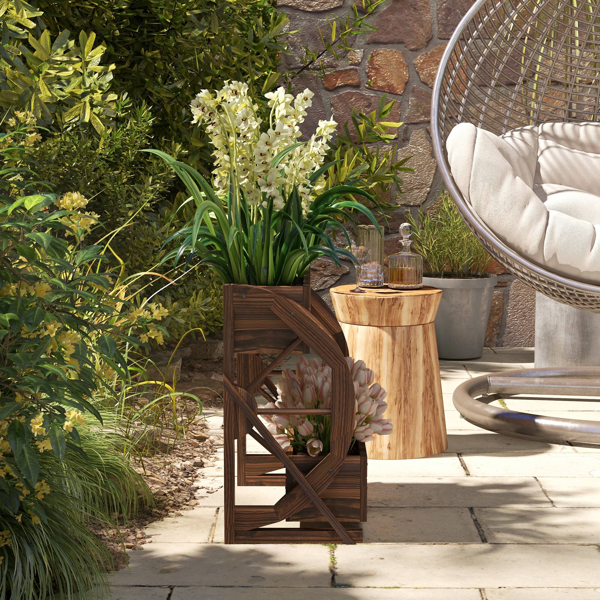 Alt View 7. Outsunny - 2-Tier Raised Garden Bed, Wooden Wagon Planter Boxes with Drainage Holes, for Vegetables Flowers Herbs, 22" x 13" x 22" - Carbonized.