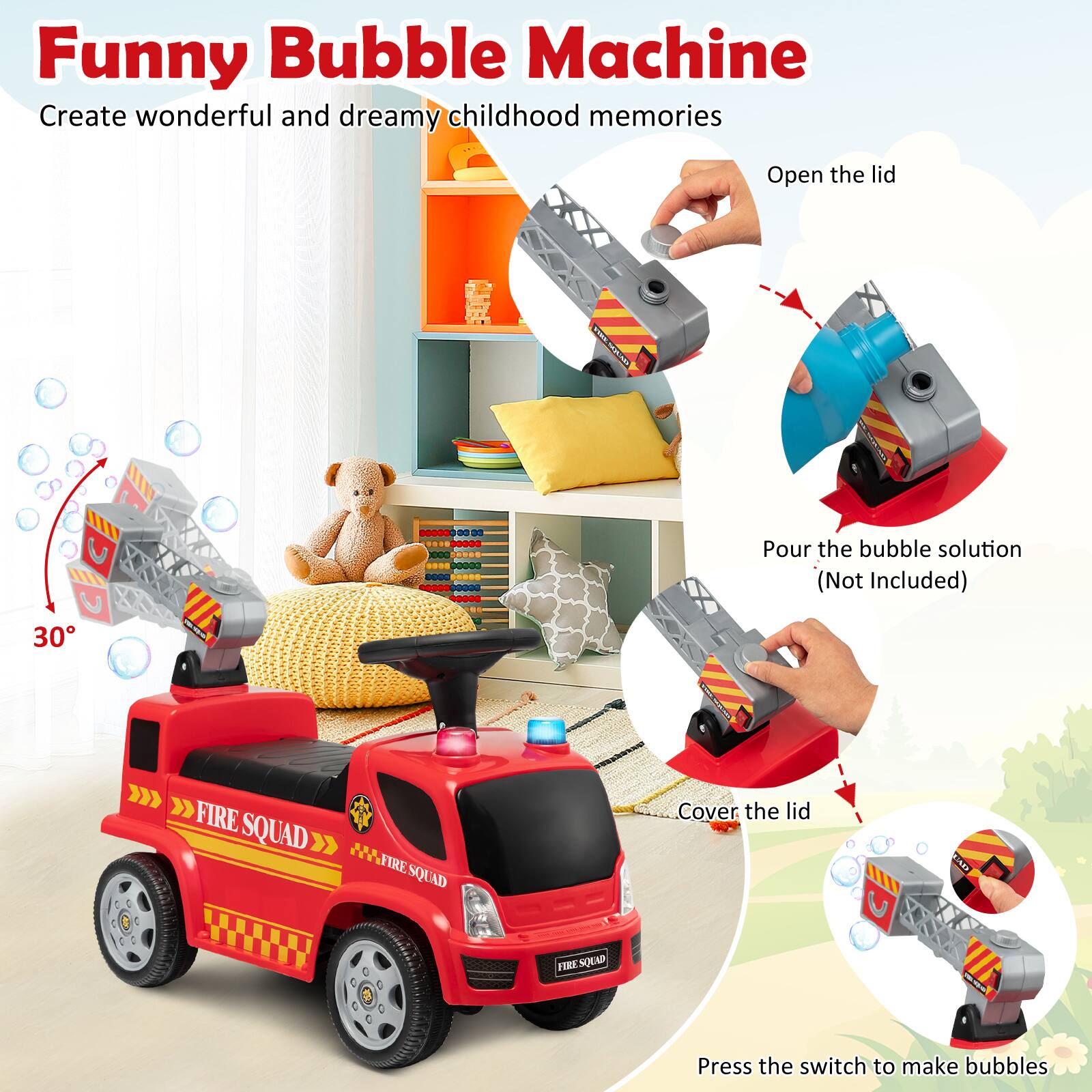 Funny Bubble Machine  
Create wonderful and dreamy childhood memories  

Open the lid  
Pour the bubble solution (Not Included)  
Cover the lid  
Press the switch to make bubbles  

30°