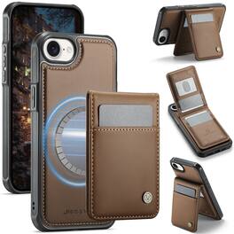 Dteck - Magnetic Wallet Case for Apple iPhone 16e, 2-in-1 Detachable Design with RFID Card Holder and Kickstand - Brown