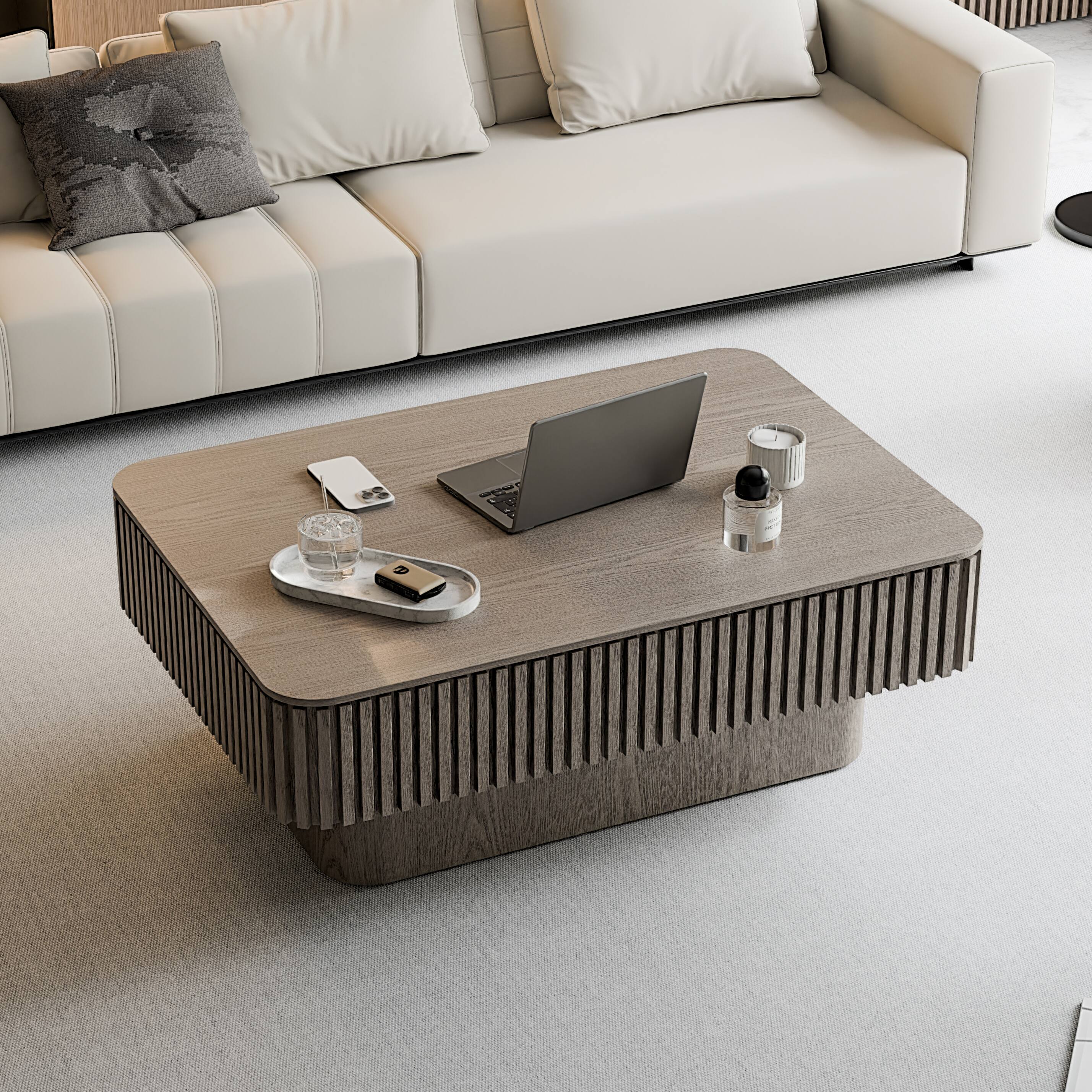 Back. Loheer - Loheer 38.6in Grey Lift Top Coffee Table Fluted Wood Accent Table with Hidden Storage and Adjustable Height - Grey.