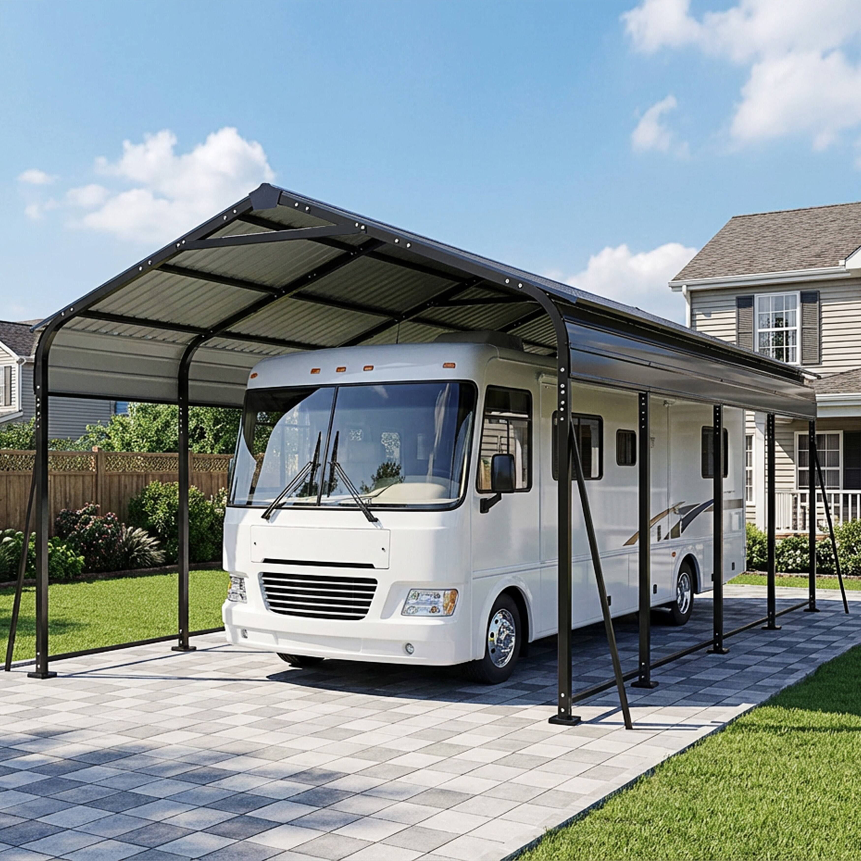 Angle. Nuu Garden - 20 x 12 FT Metal Carport with Enhanced Base Outdoor Heavy Duty Garage, All-Weather Car Canopy and Shelter - Dark Gray.