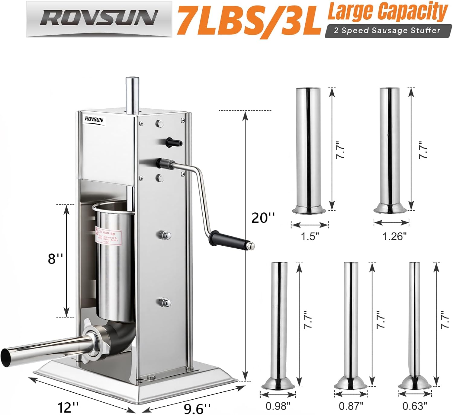 ROVSUN Large Capacity 7LBS/3L 2 Speed Sausage Stuffer

ROVSUN

7.7"
7.7"
20"
1.5"
1.26"
8"
7.7"
7.7"
7.7"
12"
9.6"
0.98"
0.87"
0.63"