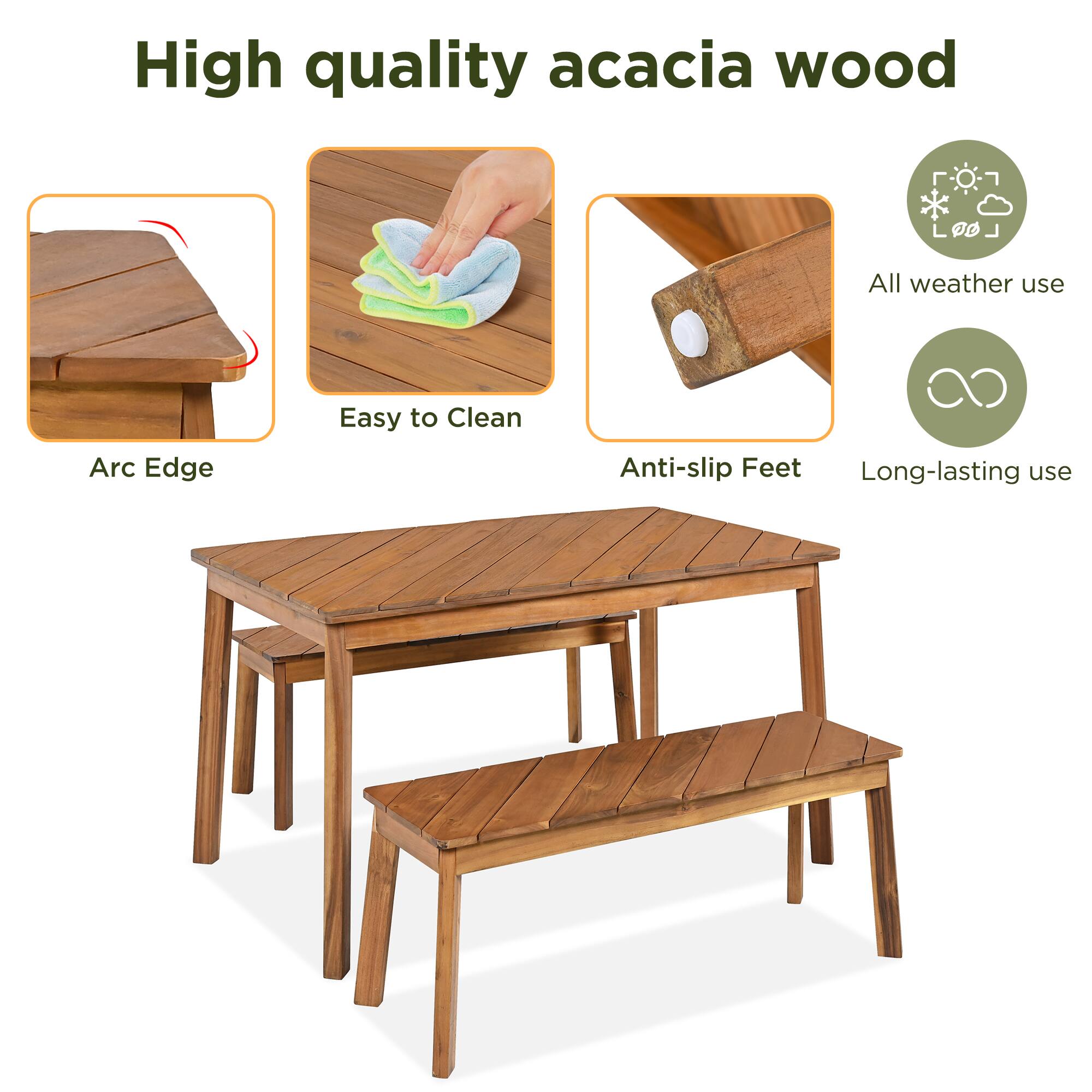 High quality acacia wood, All weather use, Arc Edge, Easy to Clean, Anti-slip Feet, Long-lasting use