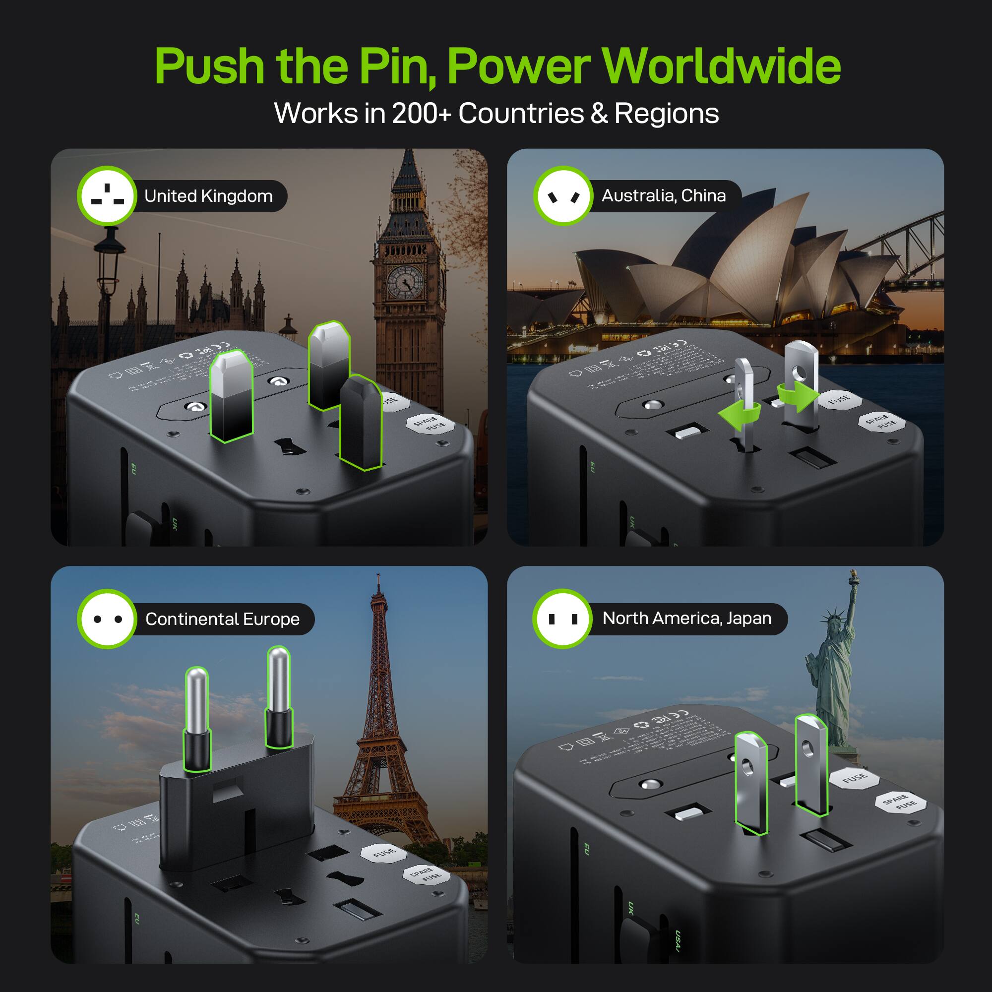 Push the Pin, Power Worldwide  
Works in 200+ Countries & Regions  

- United Kingdom  
- Australia, China  
- Continental Europe  
- North America, Japan