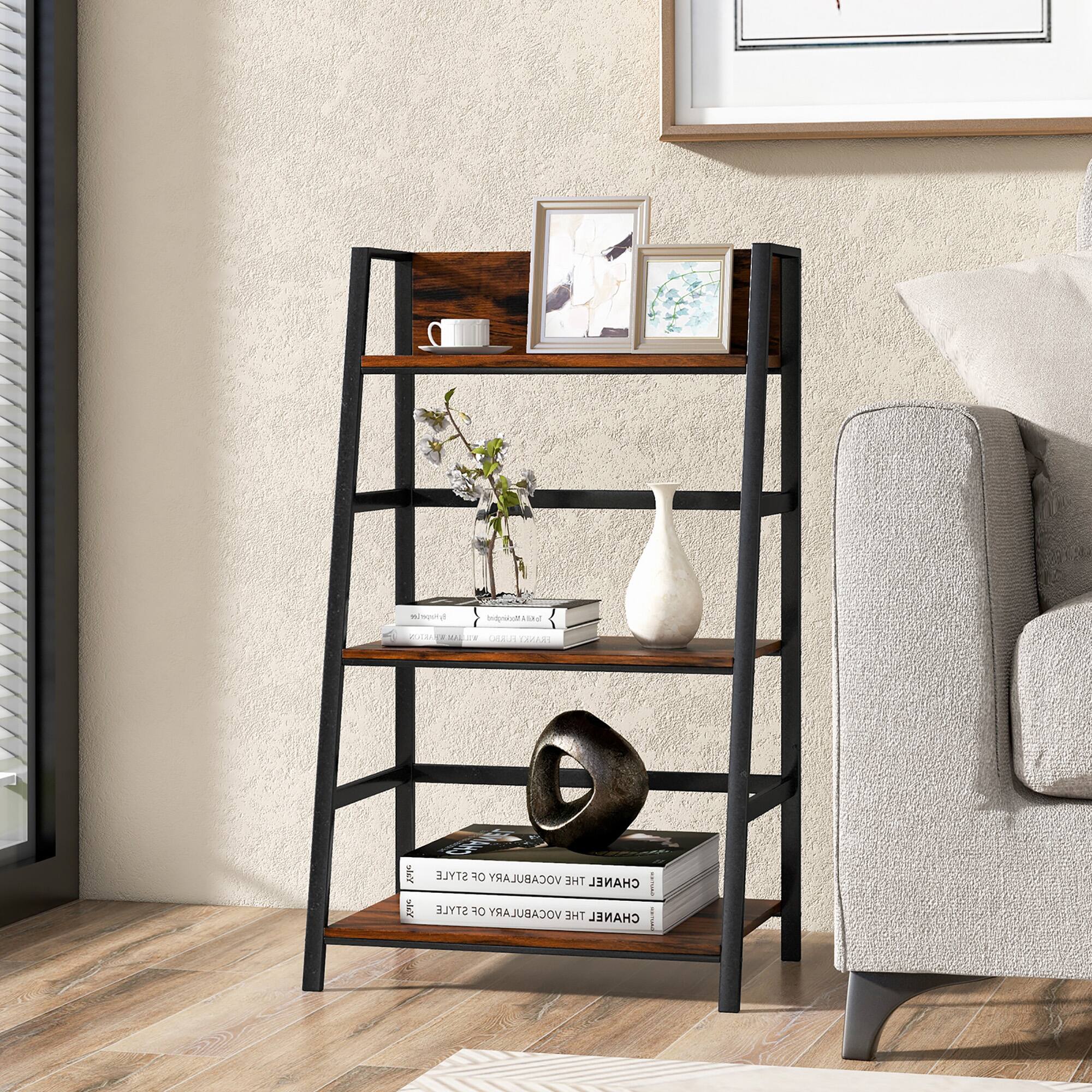 The image features a wooden shelf with various items on it, including books, a vase, and a bird statue. The shelf is placed next to a chair, and there is a window nearby. The scene appears to be a cozy living space with a focus on reading and relaxation.