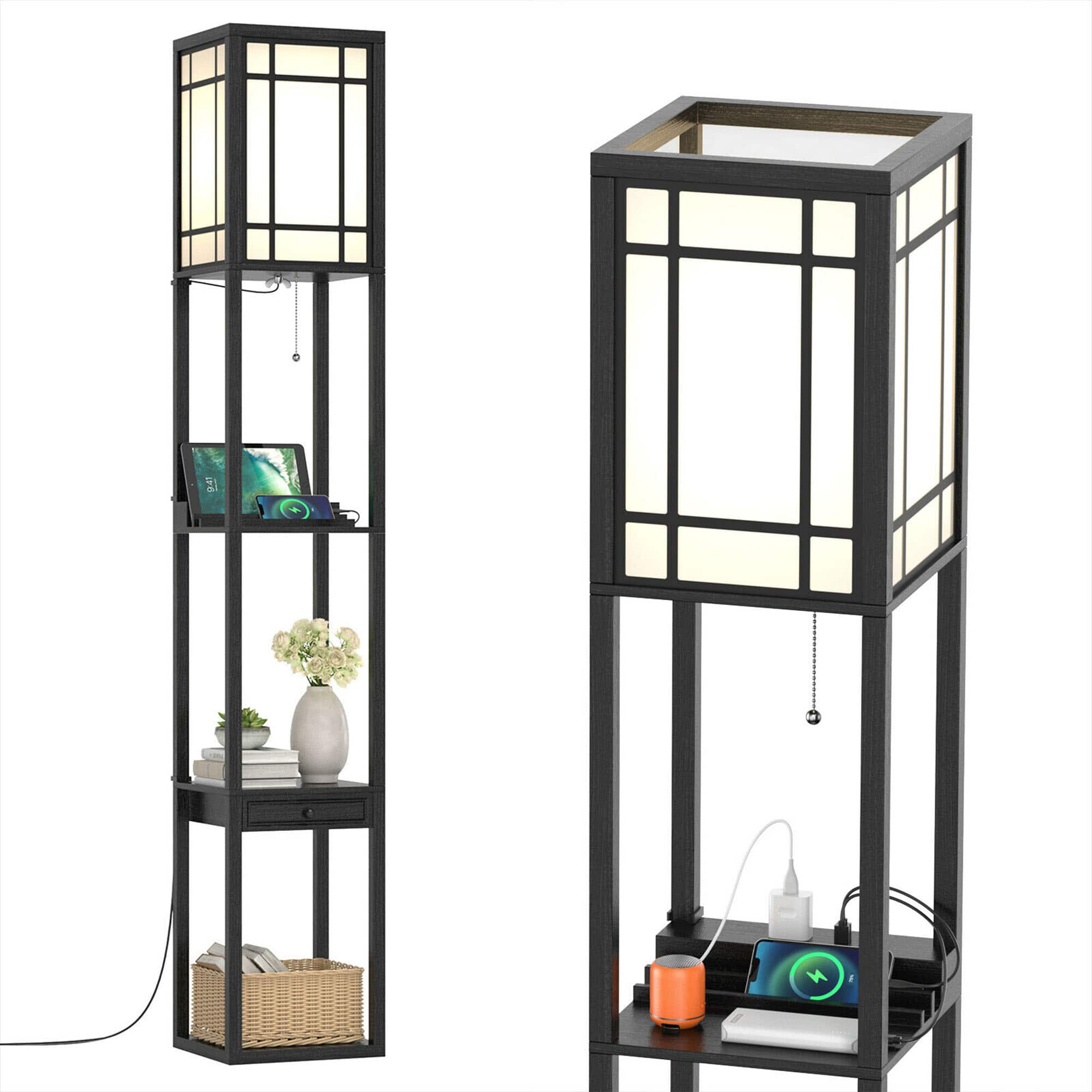 Front. Costway - Costway Modern Standing Shelf Floor Lamp w/ 1 Power Outlet & 2 USB Ports for Living Room - Black.