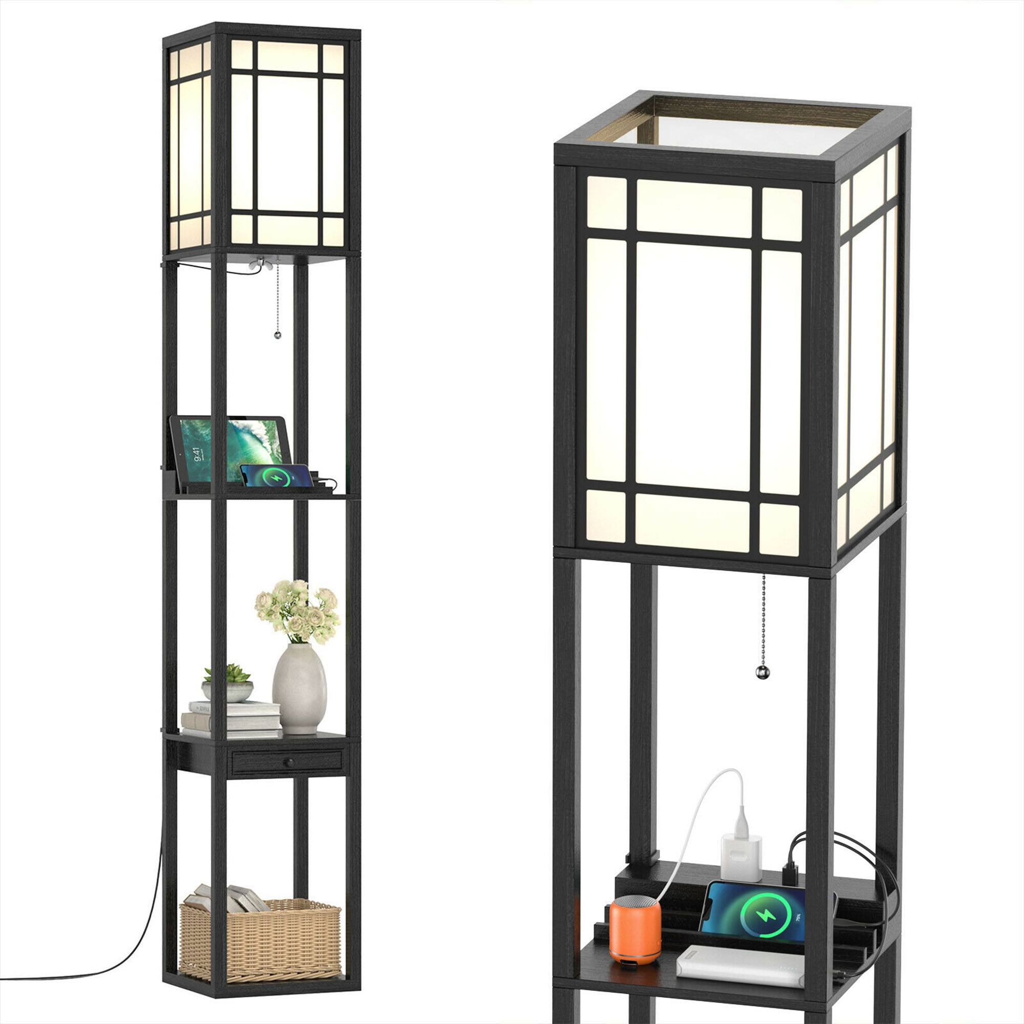 Front. Costway - Costway Modern Standing Shelf Floor Lamp w/ 1 Power Outlet & 2 USB Ports for Living Room - Black.