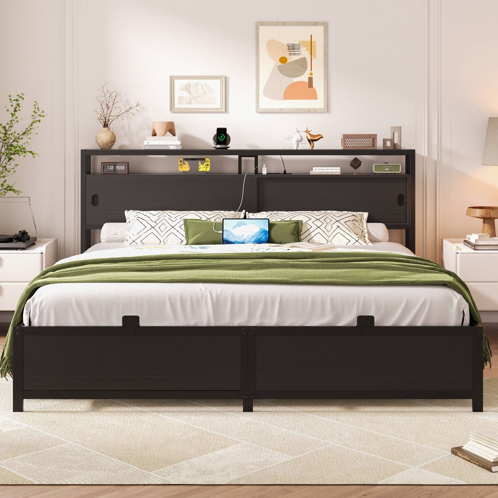 Alt View 3. Aheaplus - King Size Sturdy Bed Frame with Sliding Doors Headboard, Platform Bed Frame with Power Outlet & LED Light - Black.