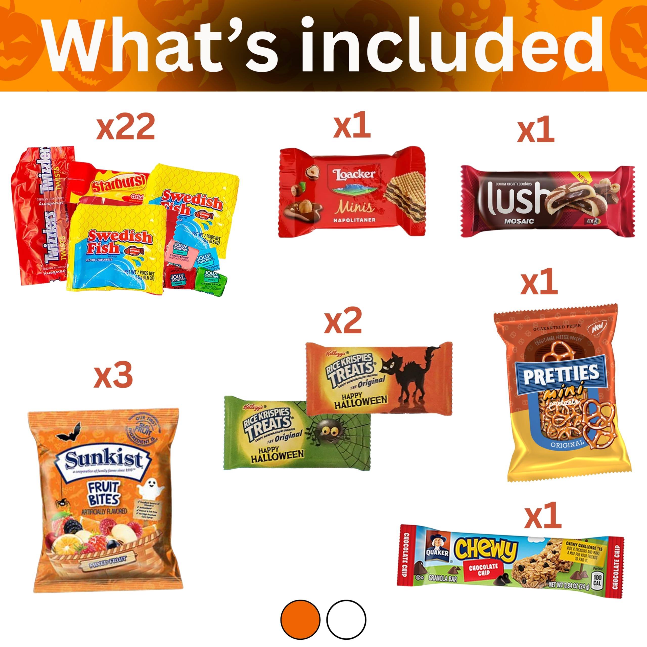 What's included

- x22 Twizzlers
- x1 Starburst
- x1 Loacker Minis
- x1 lush Mosaic
- x2 Swedish Fish
- x1 Rice Krispies Treats Halloween
- x3 Sunkist Fruit Bites
- x1 Rice Krispies Treats Halloween
- x1 Pretzels
- x1 Quaker Chewy Granola Bar