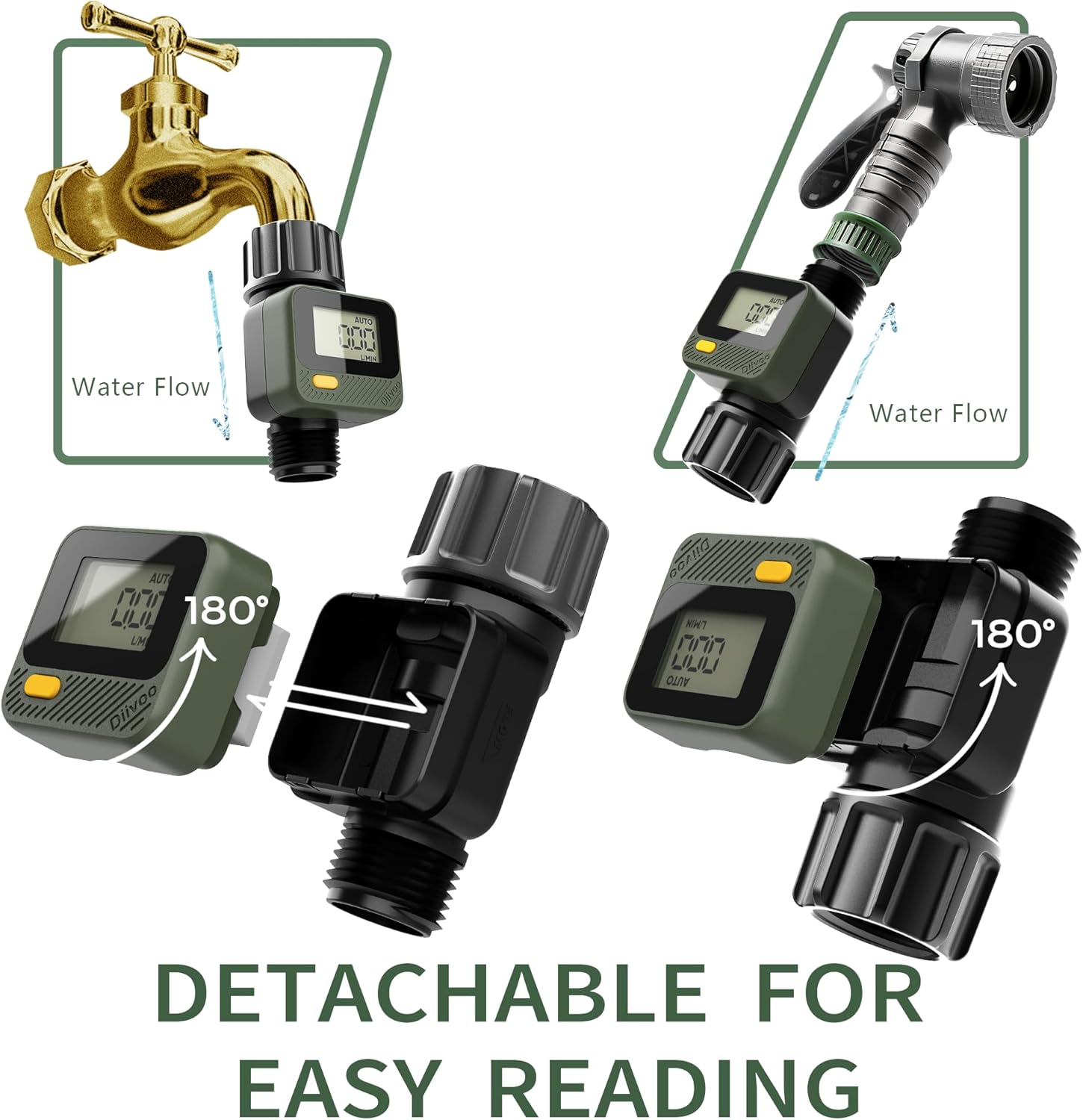 - Water Flow
- Water Flow
- 180°
- 180°
- DETACHABLE FOR EASY READING