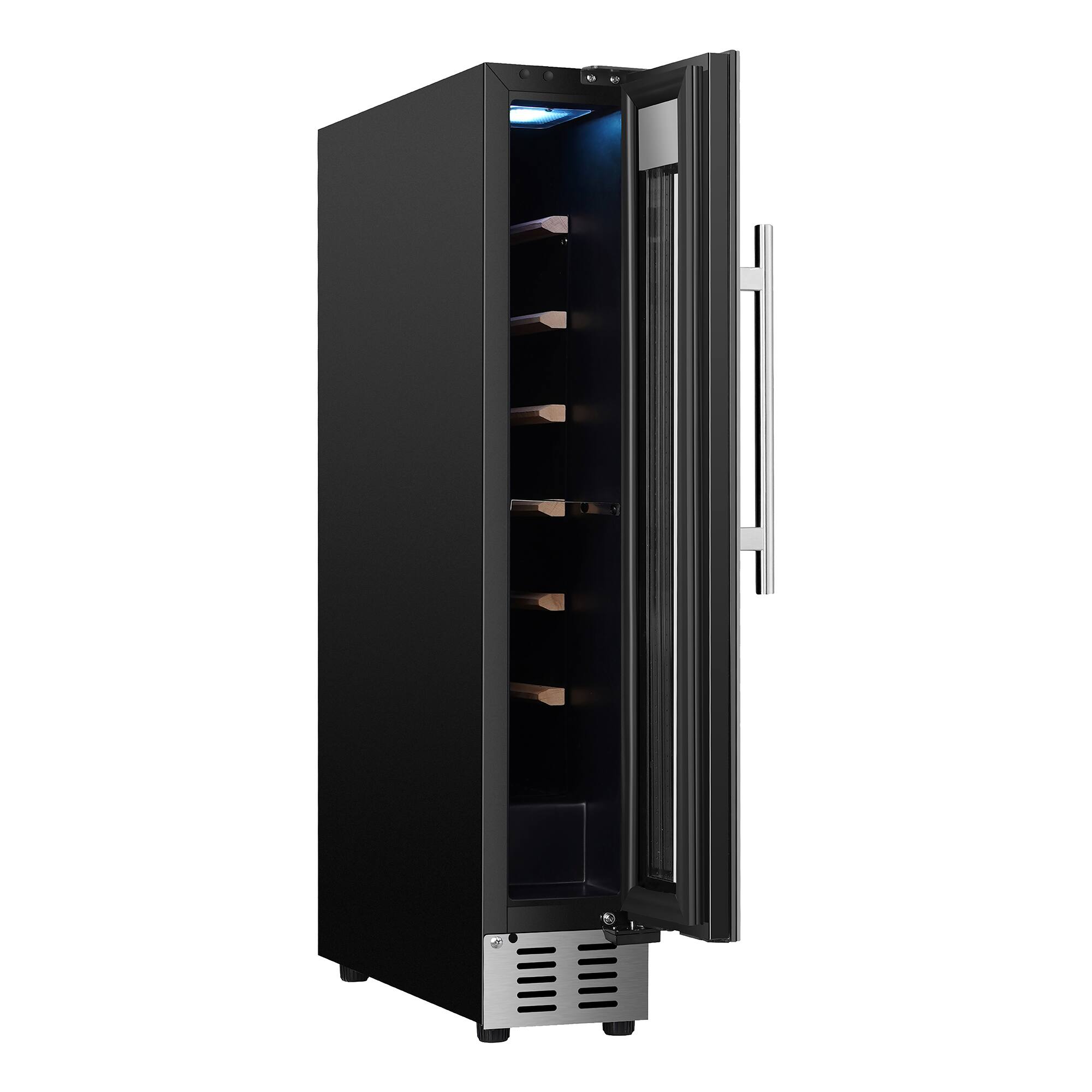 Left. Equator - Equator 6 inch 9 Bottles Wine Refrigerator 1-Zone Freestanding/Builtin Wine Cooler 7 Color LED Compressor 110V - Stainless Steel.