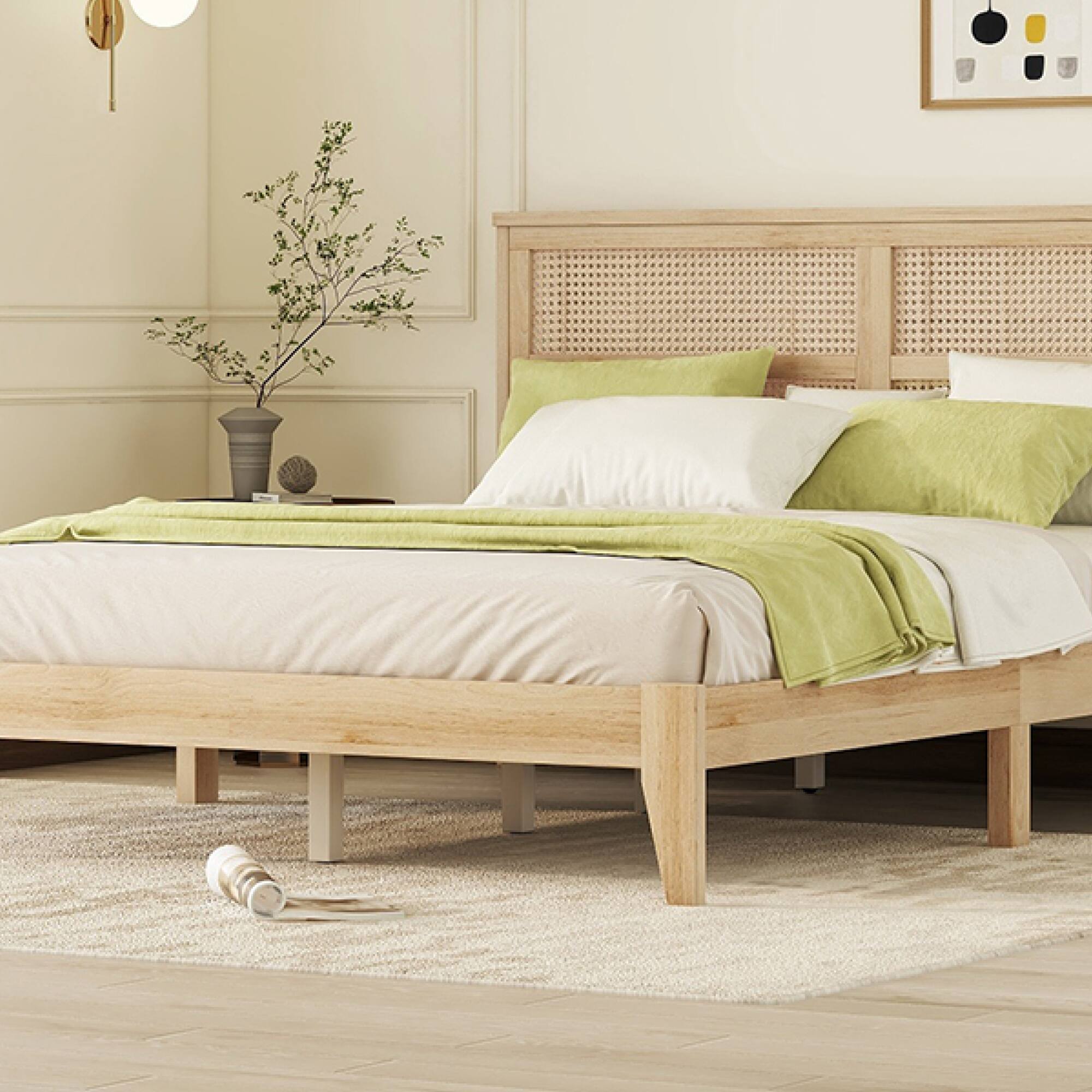 Alt View 9. GOODSILO - Queen Size Solid Wood Bed with Rattan Headboard and Enhanced Support Feet - Natural.