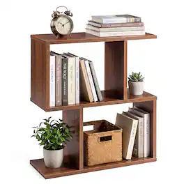 Costway - 3-Tier Bookshelf Free Standing Wooden Display S-Shaped Shelf Storage Rack - Walnut