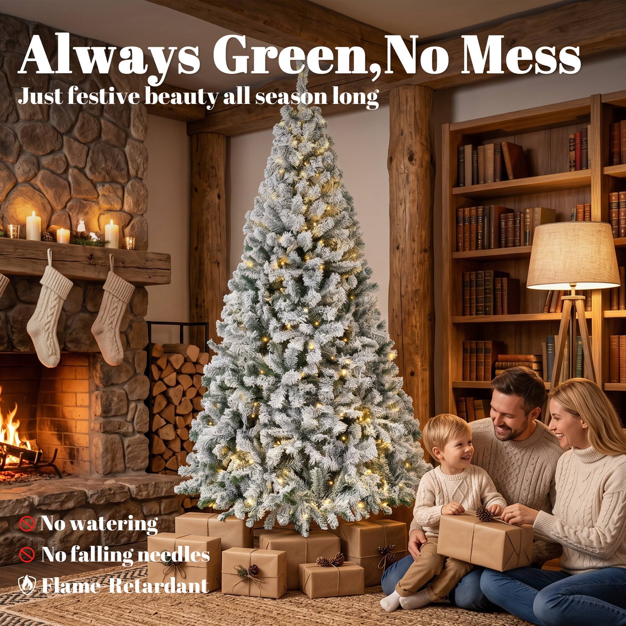 Always Green, No Mess  
Just festive beauty all season long  

No watering  
No falling needles  
Flame Retardant