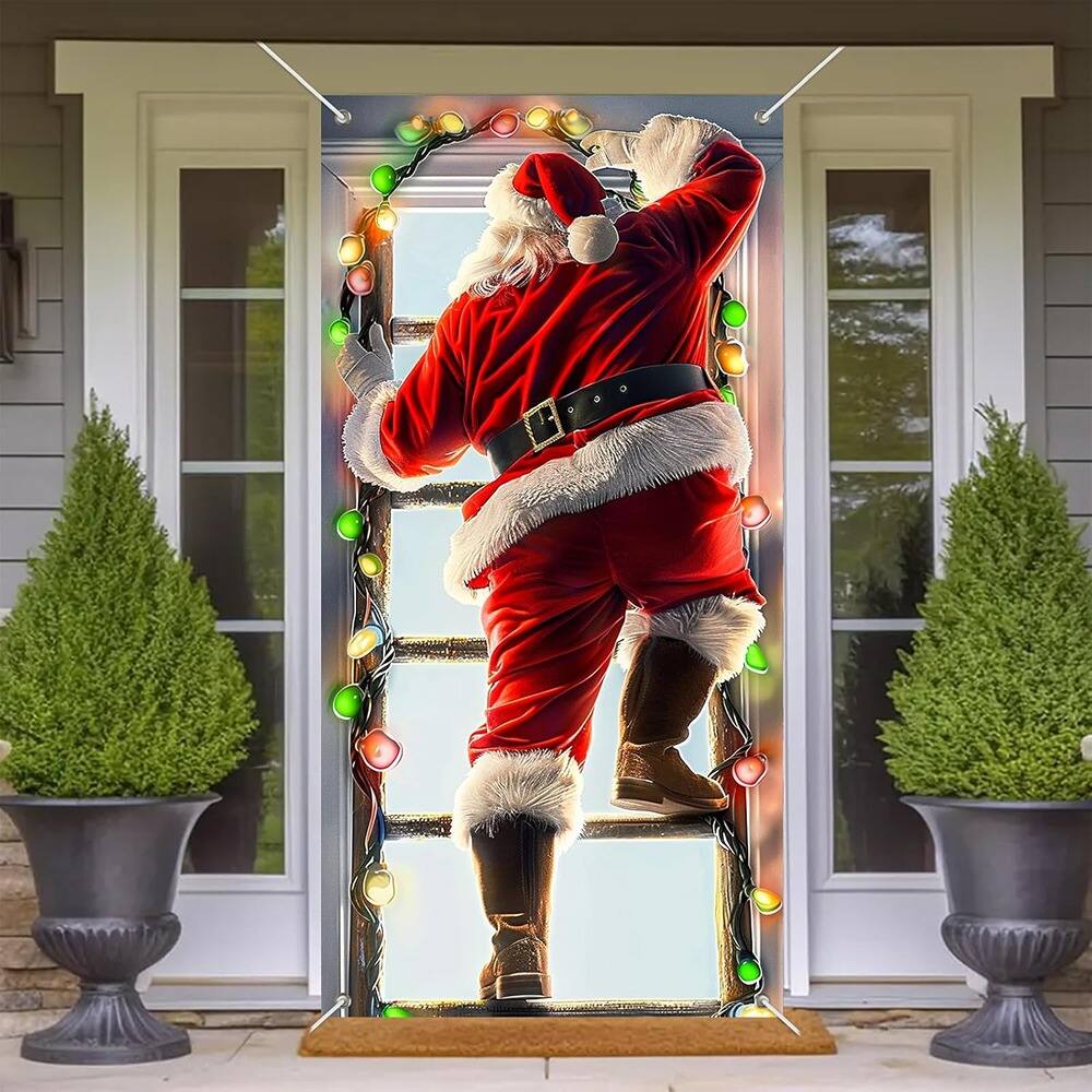 Alt View 1. MOSZAR LLC - Santa Climbing Ladder Door Cover, 35x71" Holiday Banner with Lights - red.