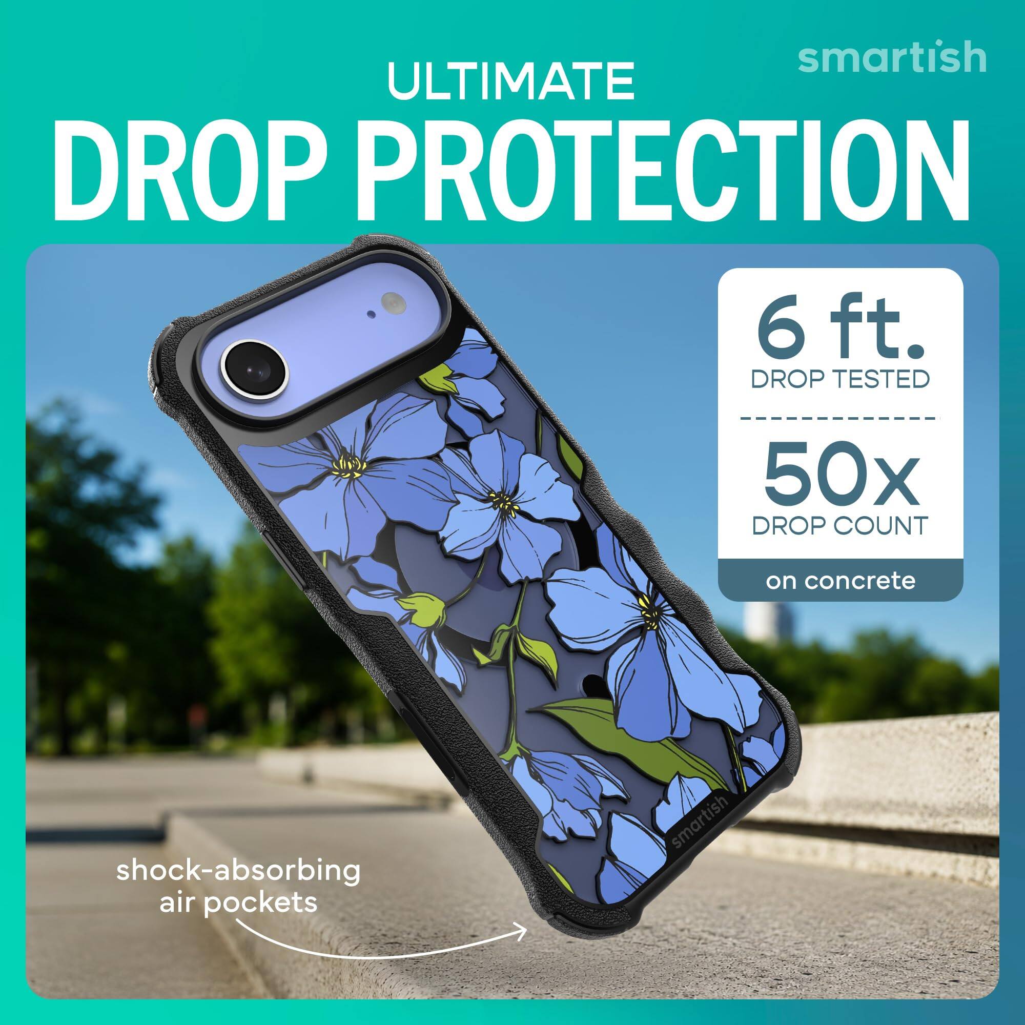 smartish ULTIMATE DROP PROTECTION  
6 ft. DROP TESTED  
50x DROP COUNT  
on concrete  
shock-absorbing air pockets  
smartish