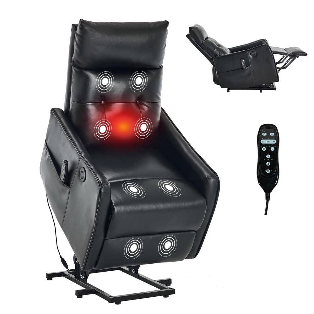 Angle. Kadyn - Power Lift Recliner Chair, Single Motor Massage & Heat, USB Port, 155° Recline, PU Leather, Black - Black.