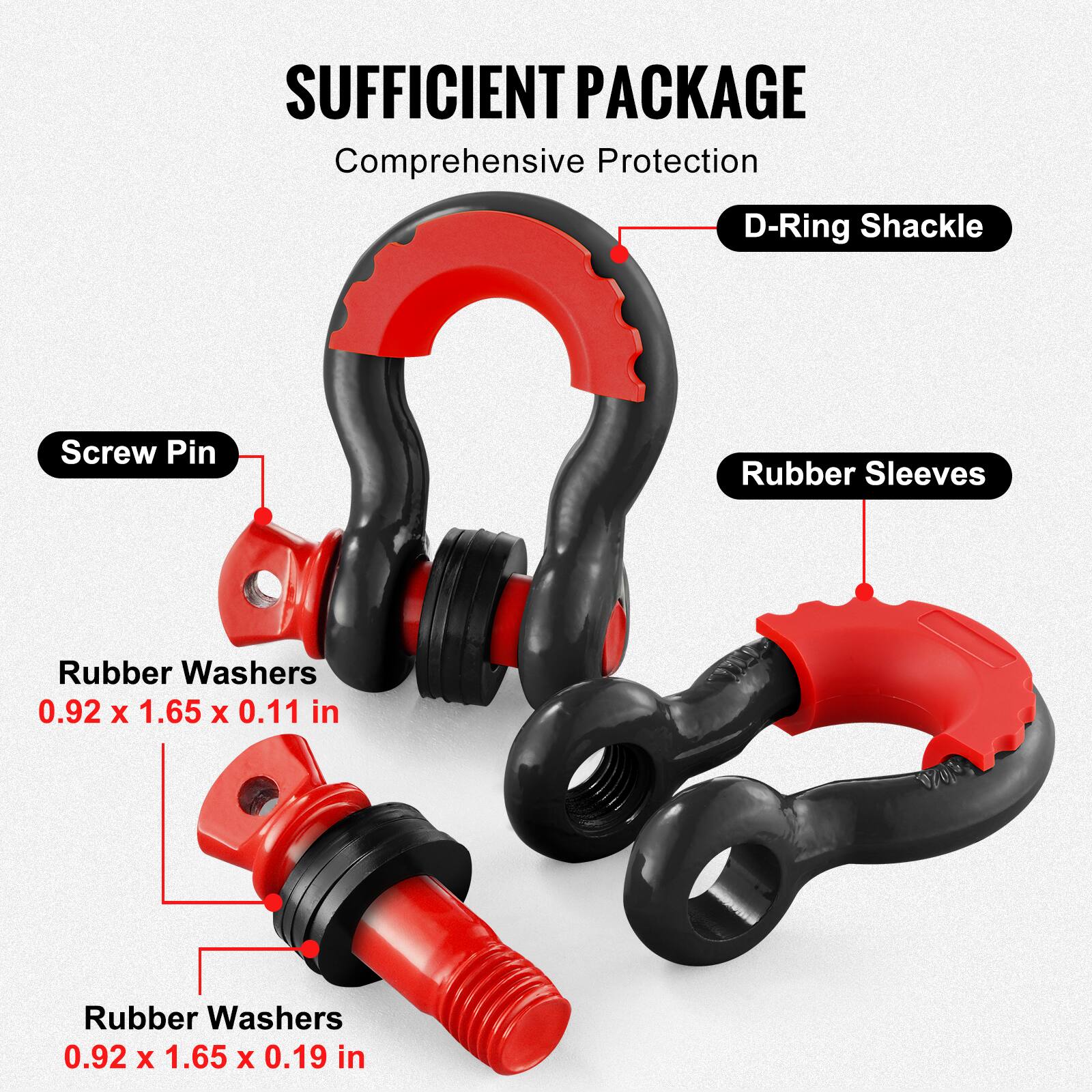 SUFFICIENT PACKAGE  
Comprehensive Protection  

- D-Ring Shackle  
- Rubber Sleeves  
- Screw Pin  
- Rubber Washers 0.92 x 1.65 x 0.11 in  
- Rubber Washers 0.92 x 1.65 x 0.19 in