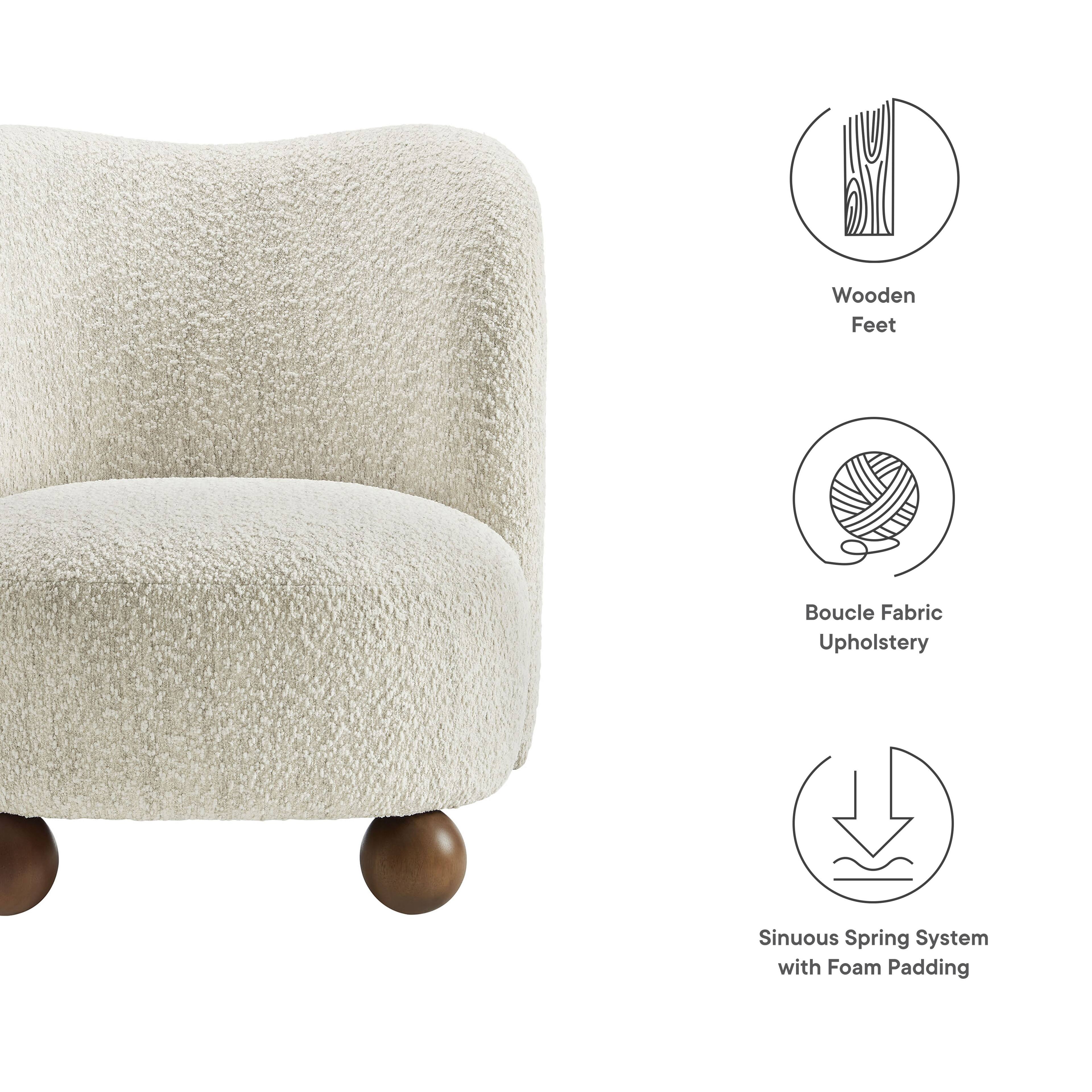 - Wooden Feet
- Boucle Fabric Upholstery
- Sinuous Spring System with Foam Padding