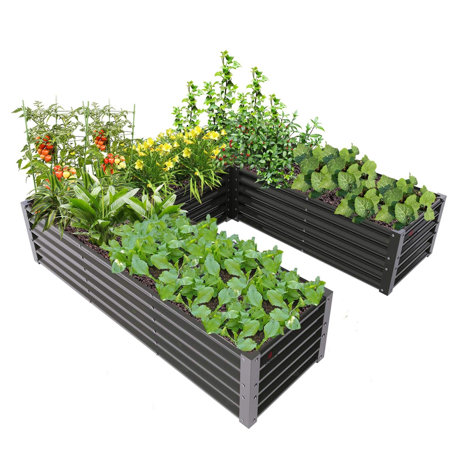 A Anleolife - Metal Rectangular U-Shaped Raised Garden Bed Planter Box for Planting Vegetables (74 in. L x 74 in. W x 18 in. H) - Gray