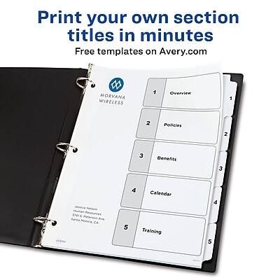 Print your own section titles in minutes  
Free templates on Avery.com  

MORVANA WIRELESS  

1. Overview  
2. Policies  
3. Benefits  
4. Calendar  
5. Training  

IN Santa CA  

Jennifer Peterson  
2345 Main Street  
Santa Monica, CA