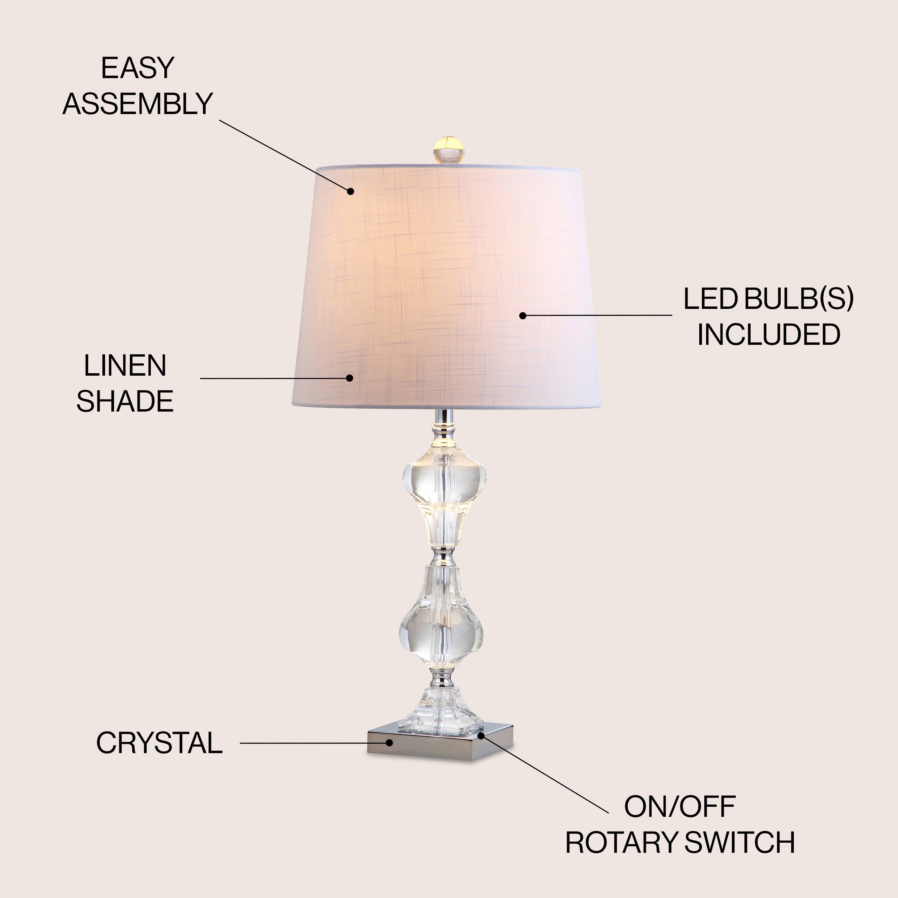 EASY ASSEMBLY  
LINEN SHADE  
LED BULB(S) INCLUDED  
CRYSTAL  
ON/OFF ROTARY SWITCH