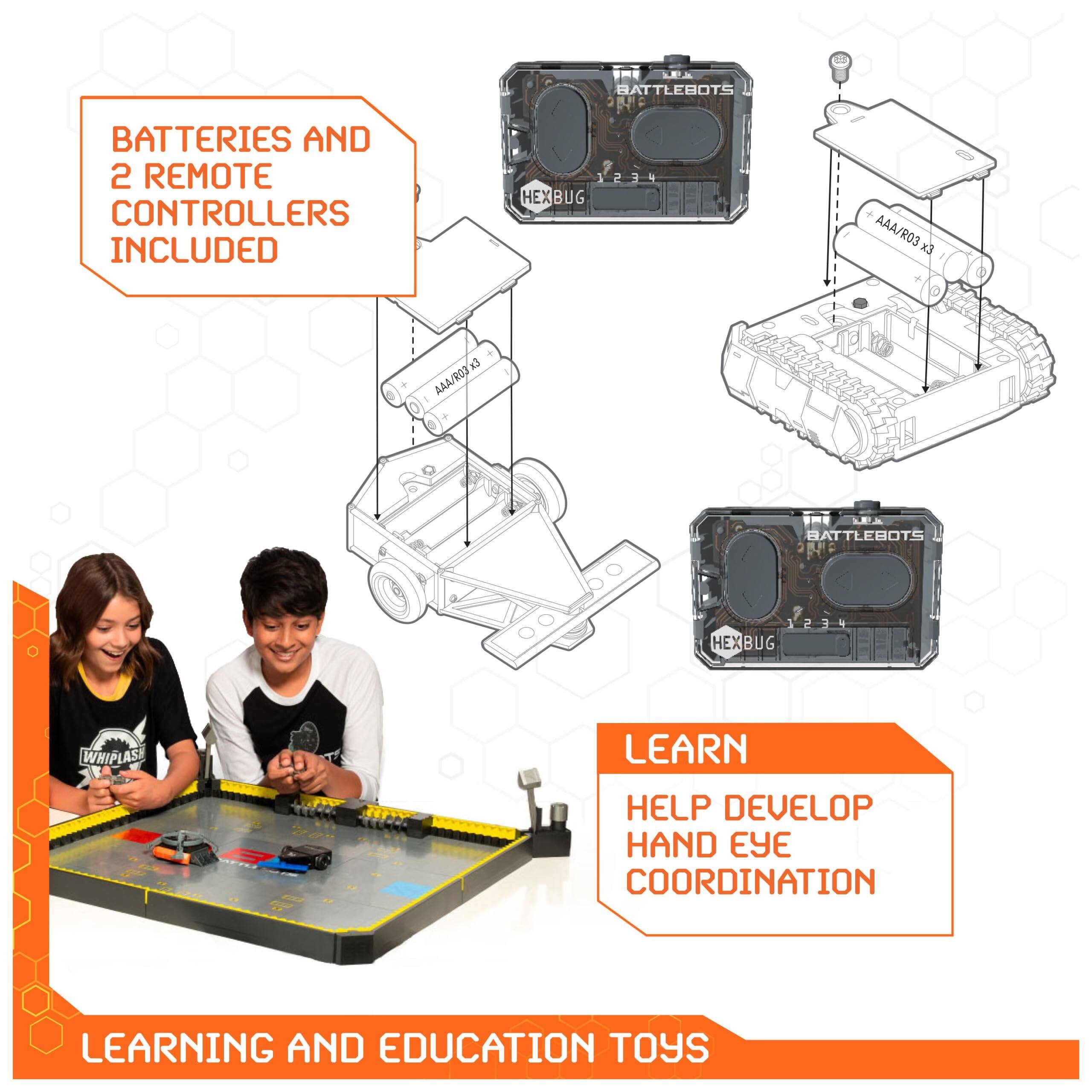 BATTLEBOTS  
BATTERIES AND 2 REMOTE CONTROLLERS INCLUDED  
1234 E 1 4 EX BUG  
AAA/RO3 x3 + AAA/RO2  
BATTLEBOTS EX BUG WHIPLASH  
LEARN  
HELP DEVELOP HAND EYE COORDINATION  
LEARNING AND EDUCATION TOYS