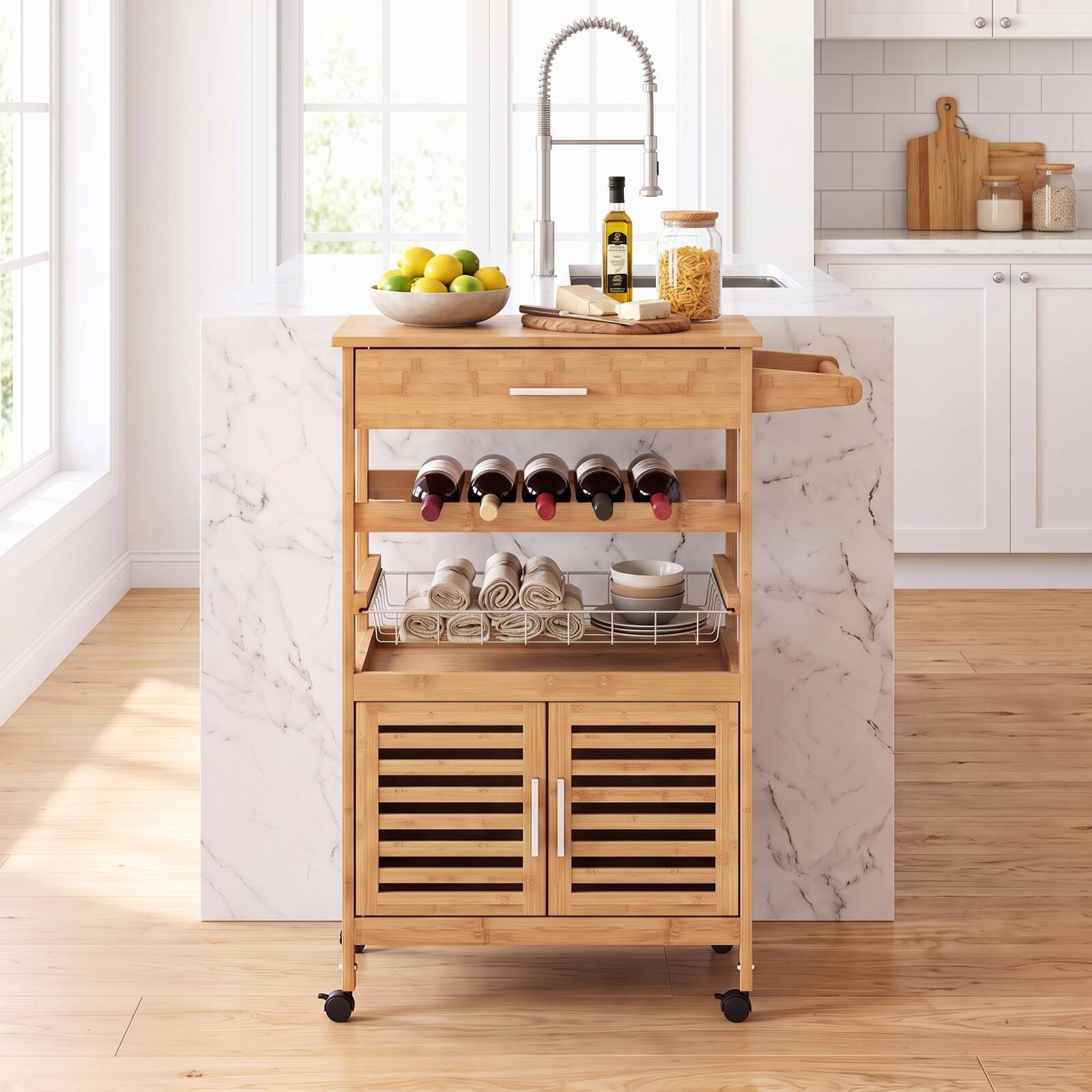 Alt View 7. Costway - Costway Bamboo Rolling Kitchen Island Trolley with Storage Cabinet, Wine Rack, Towel Rack - Natural.