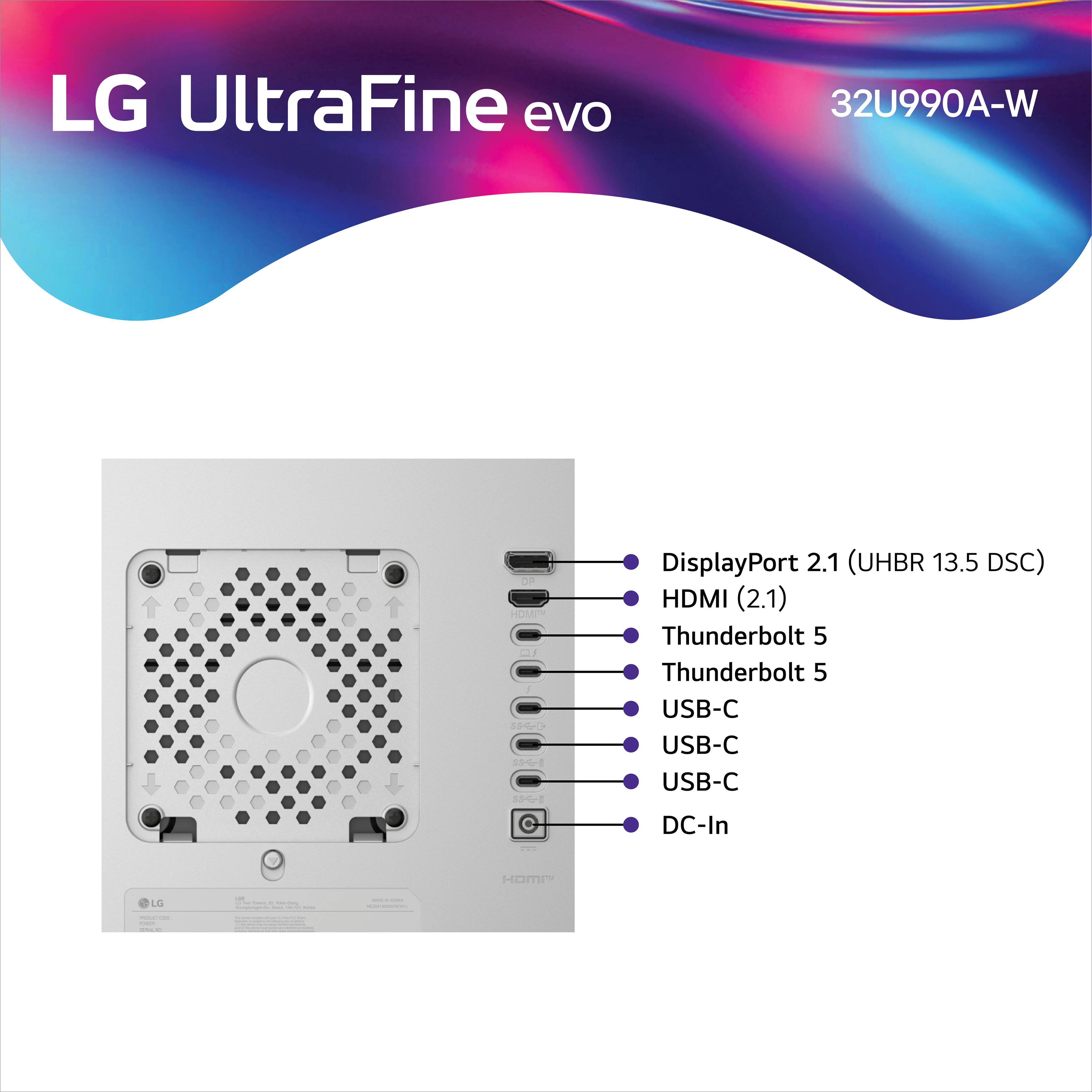 LG UltraFine evo  
32U990A-W  

- DisplayPort 2.1 (UHBR 13.5 DSC)  
- HDMI (2.1)  
- Thunderbolt 5  
- Thunderbolt 5  
- USB-C  
- USB-C  
- USB-C  
- DC-In