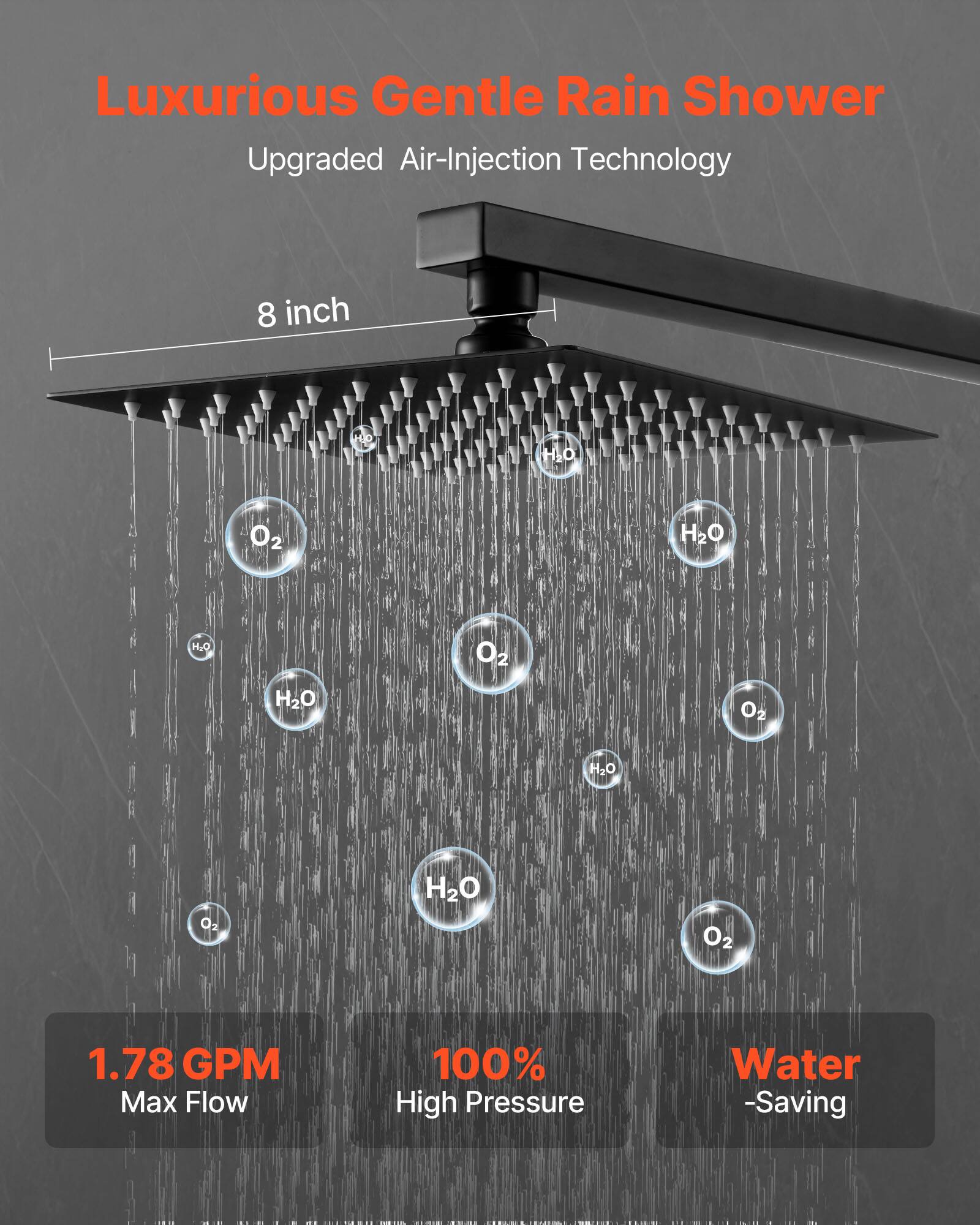 Luxurious Gentle Rain Shower Upgraded Air-Injection Technology 8 inch 1.78 GPM Max Flow 100% High Pressure Water-Saving