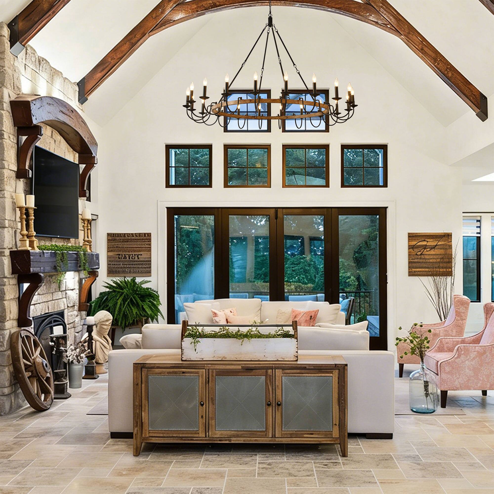 Left. RYHNUYNE - BAOURE 20-Light Rustic Wagon Wheel Chandelier,Farmhouse Dining Room Light Fixture,Round Wood Chandelier for Living Room - Black.