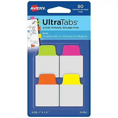 AVERY 80 REPOSITIONABLE TABS UltraTabs 2-Side Writable, Smudge-Free MINI Durable tabs for indexing and flagging SIZE: 1" x 1.5" 74762